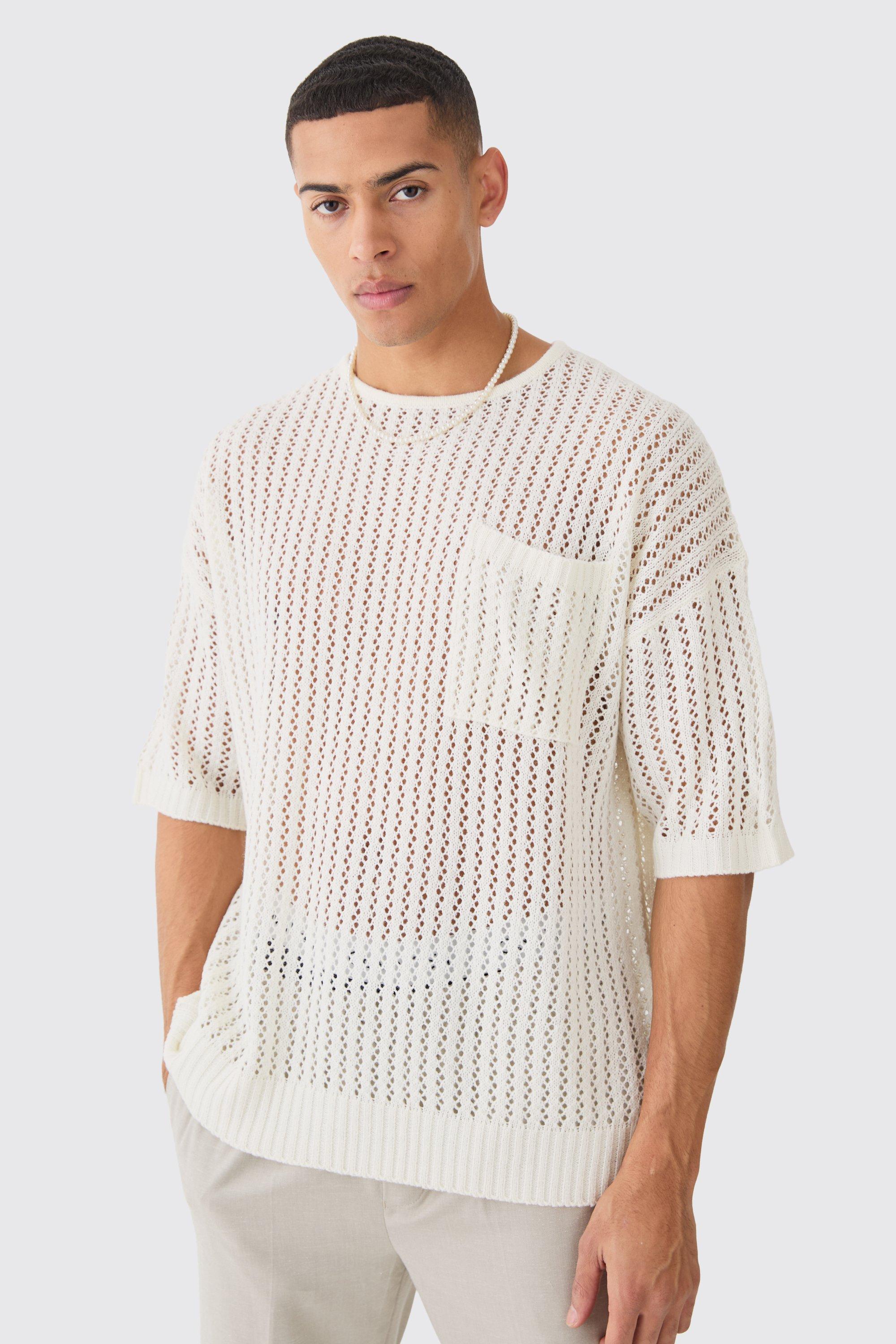 Image of T-shirt oversize in maglia traforata color ecru con tasche, Cream