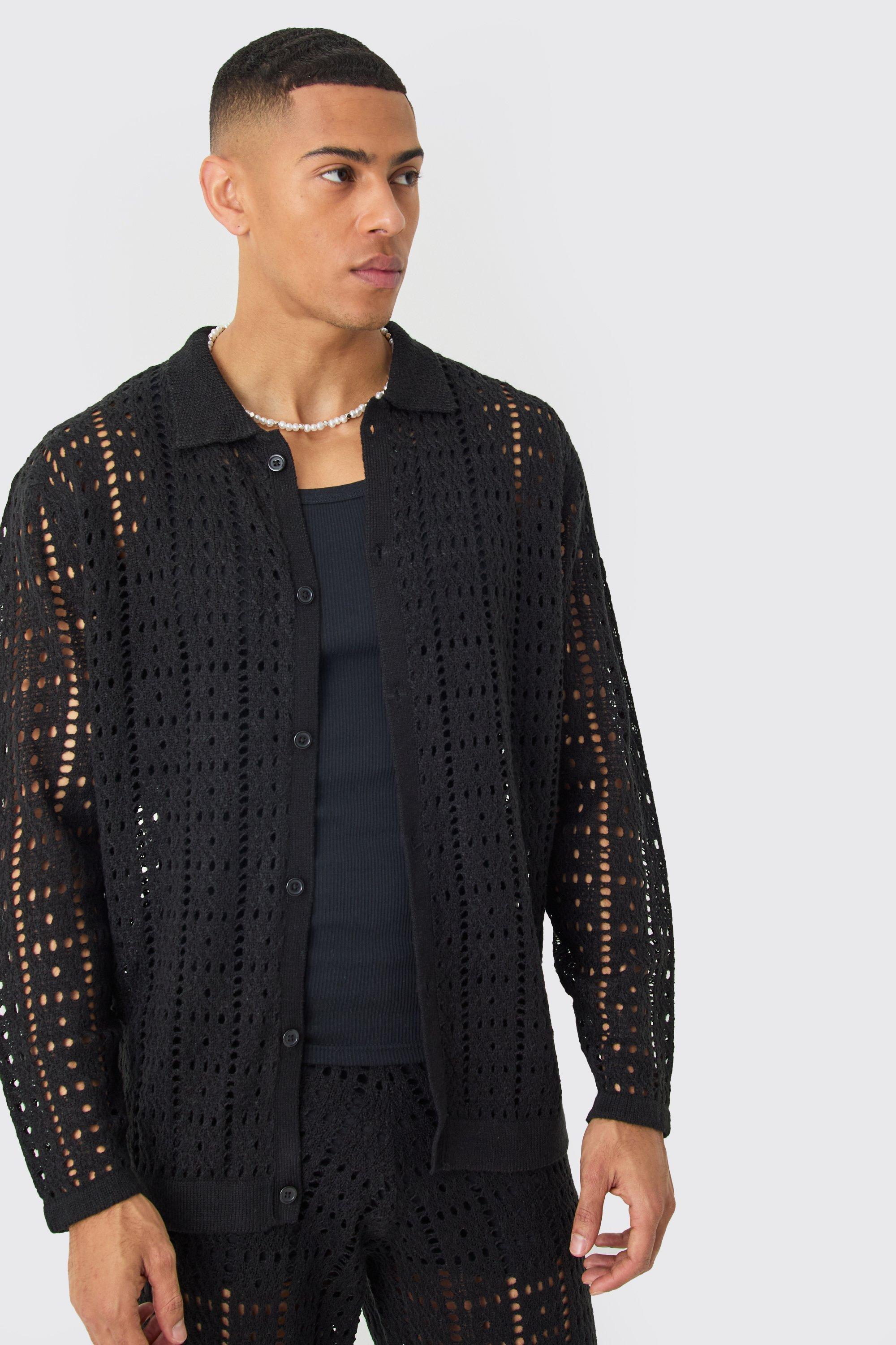 Oversized Long Sleeve Crochet Shirt In Black