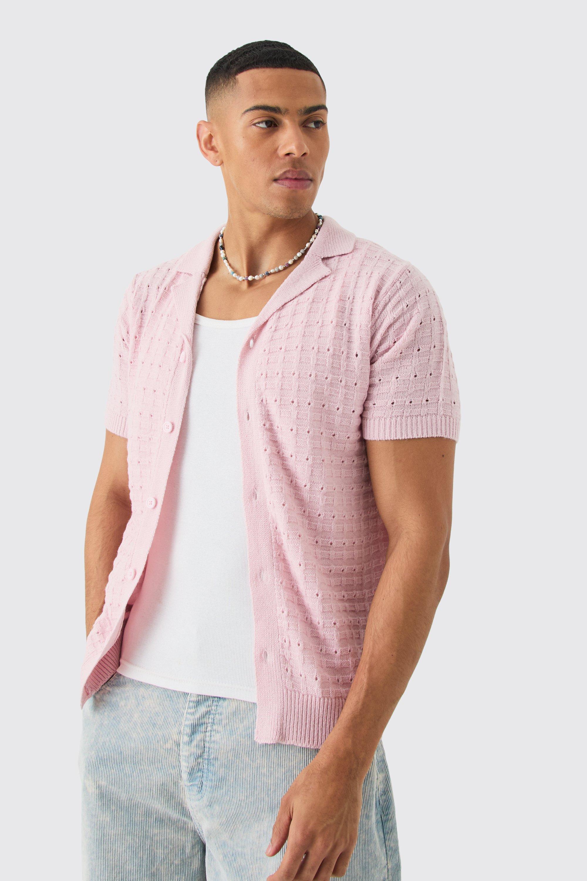 Image of Camicia in maglia rosa con cuciture aperte e bottoni, Pink
