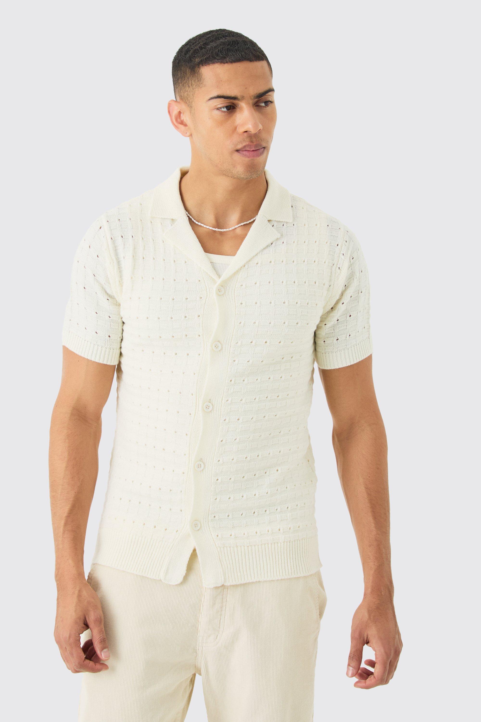 Image of Camicia in maglia color crema con cuciture aperte e bottoni, Bianco