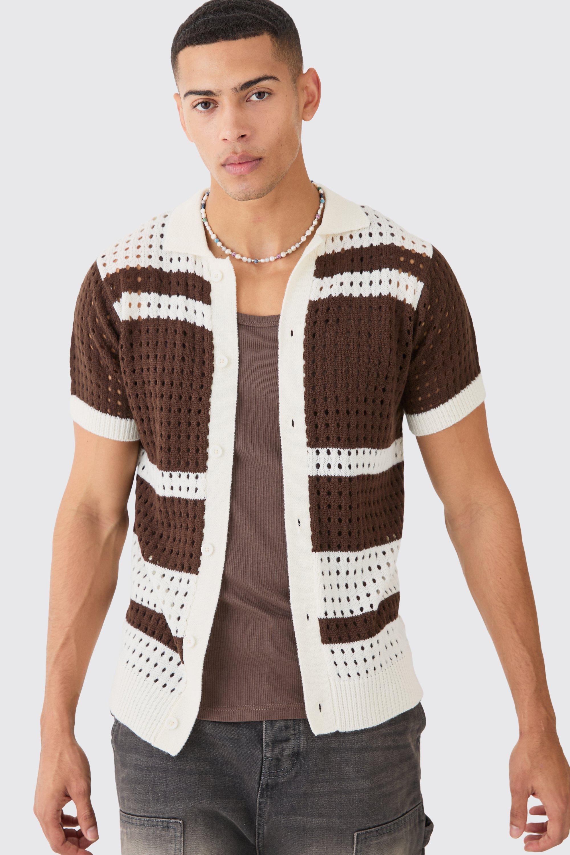 Image of Camicia in maglia a righe traforate marrone, Brown