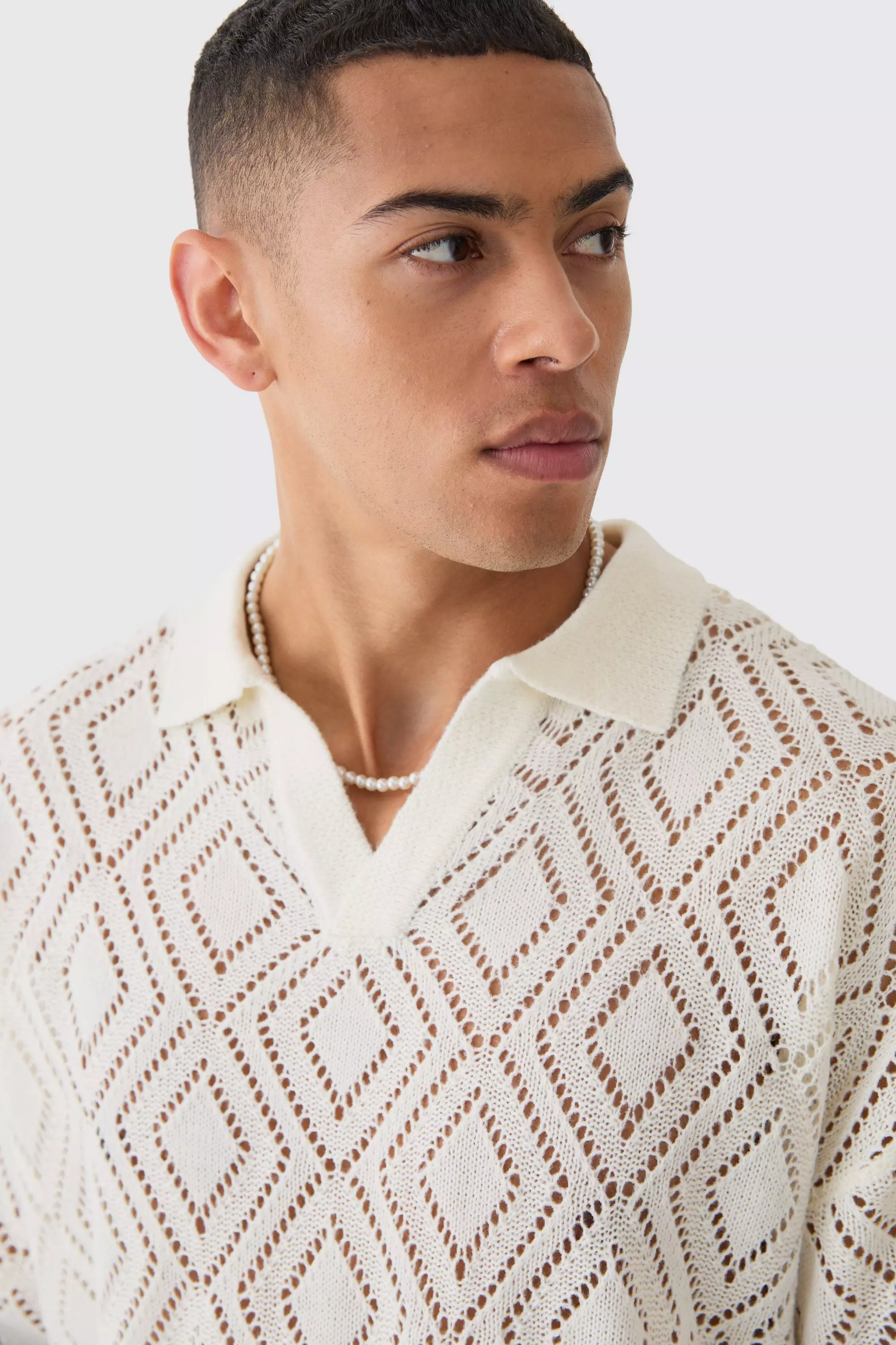 Long Sleeve Boxy Fit Revere Open Knit Polo In Ecru