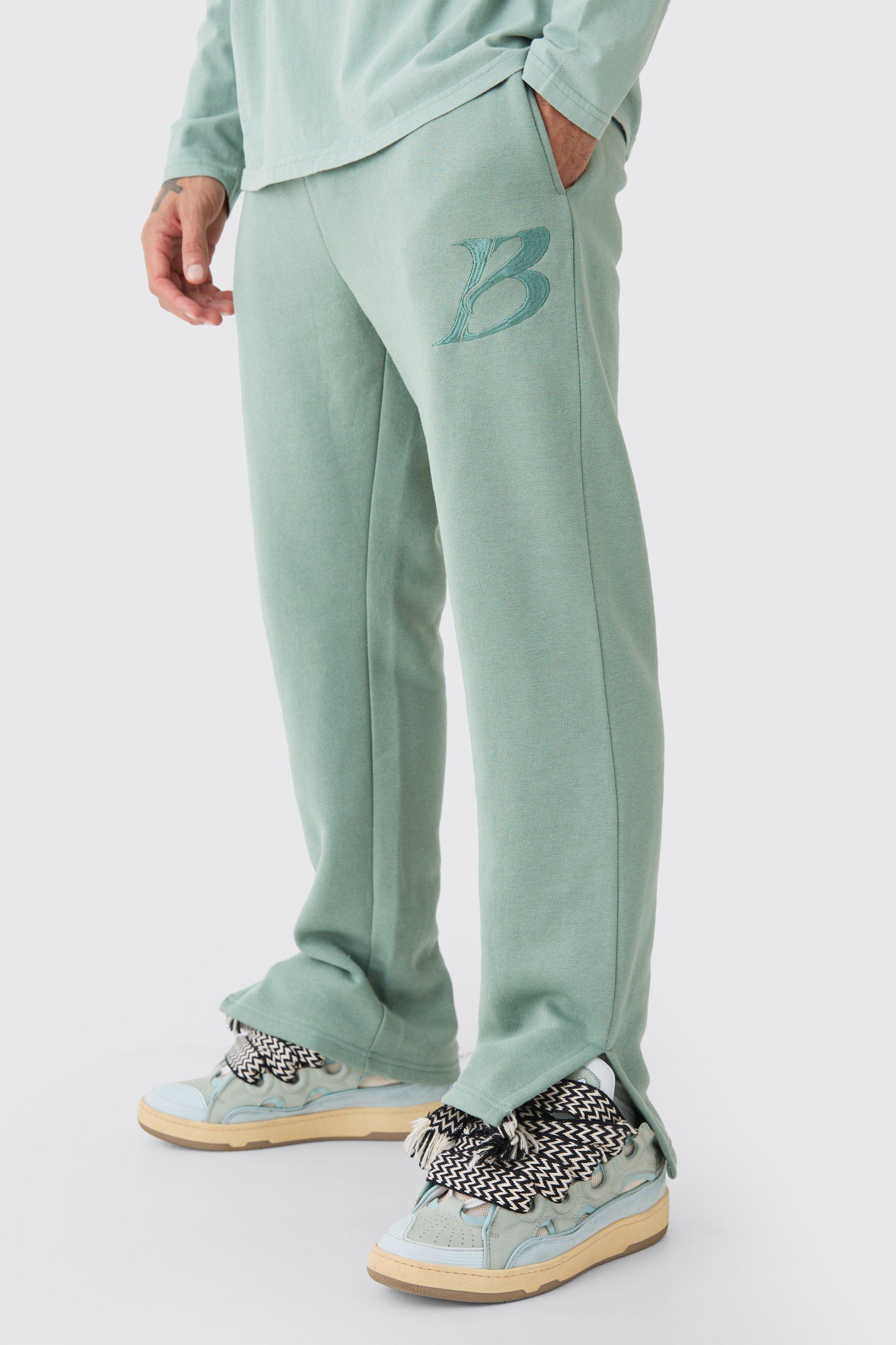 Mens Green Regular Fit Split Hem B Jogger, Green