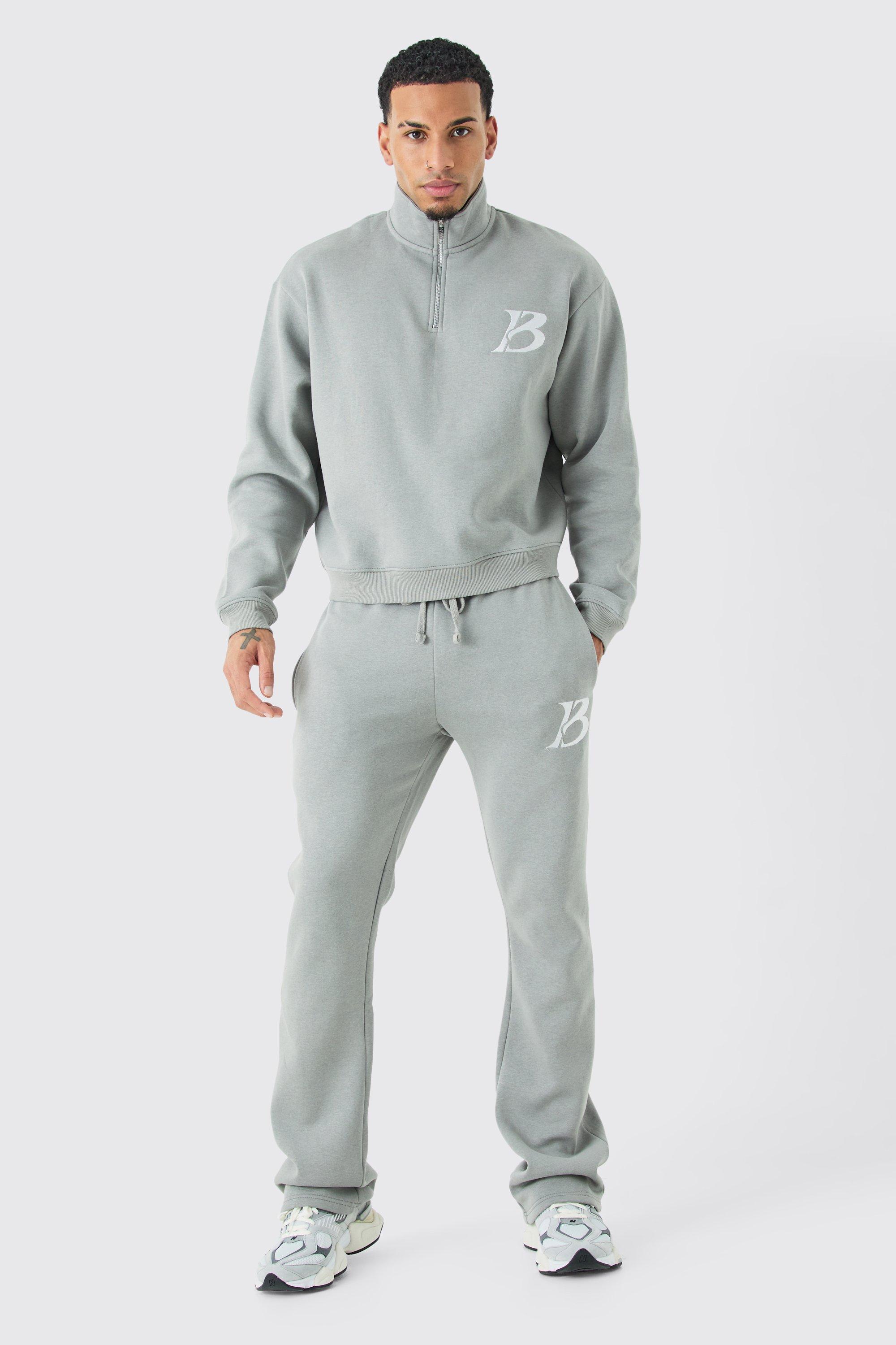 Mens Grey Oversized Boxy B 1/4 Zip Stacked Tracksuit, Grey
