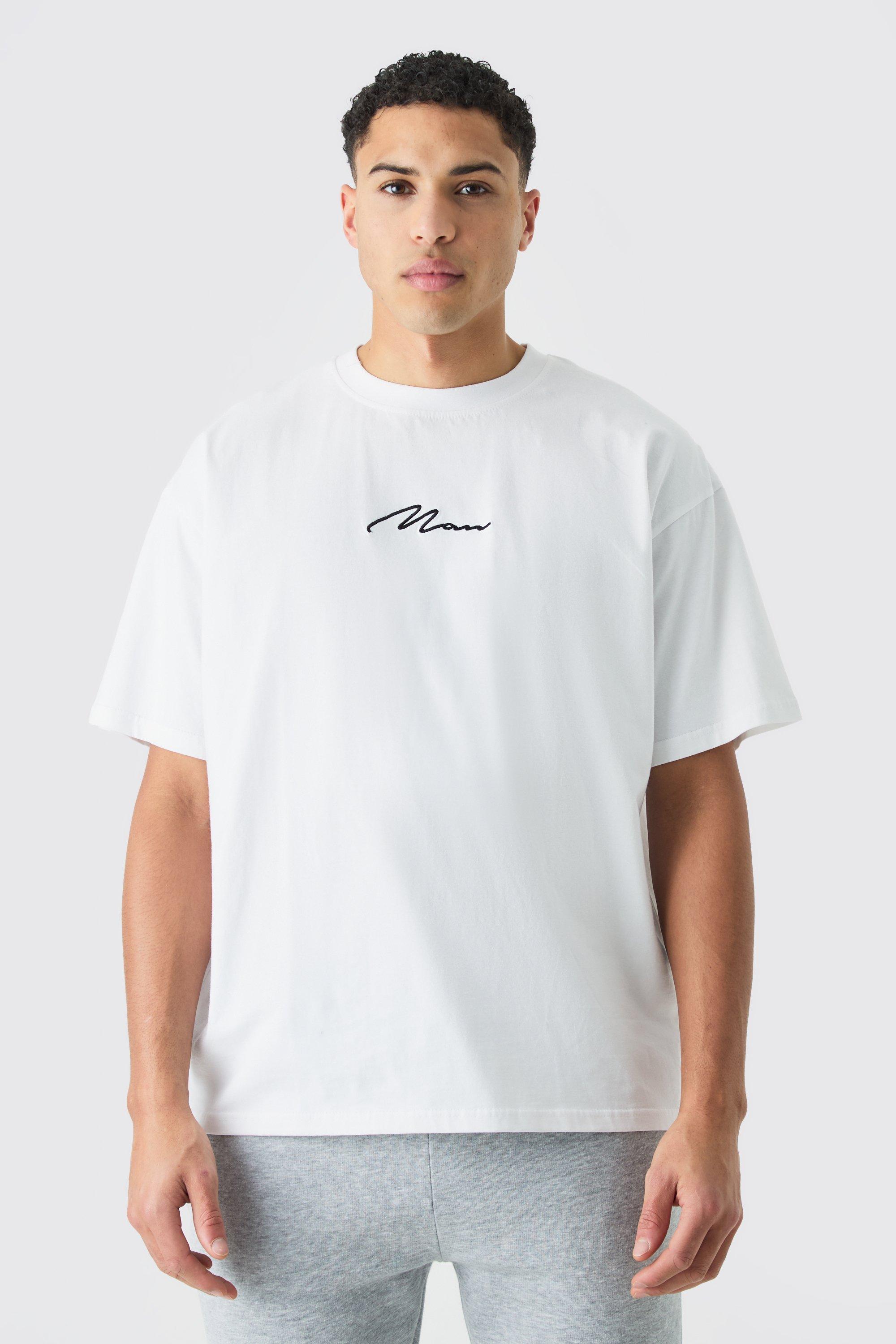 Image of T-shirt a girocollo oversize con firma Man, Bianco