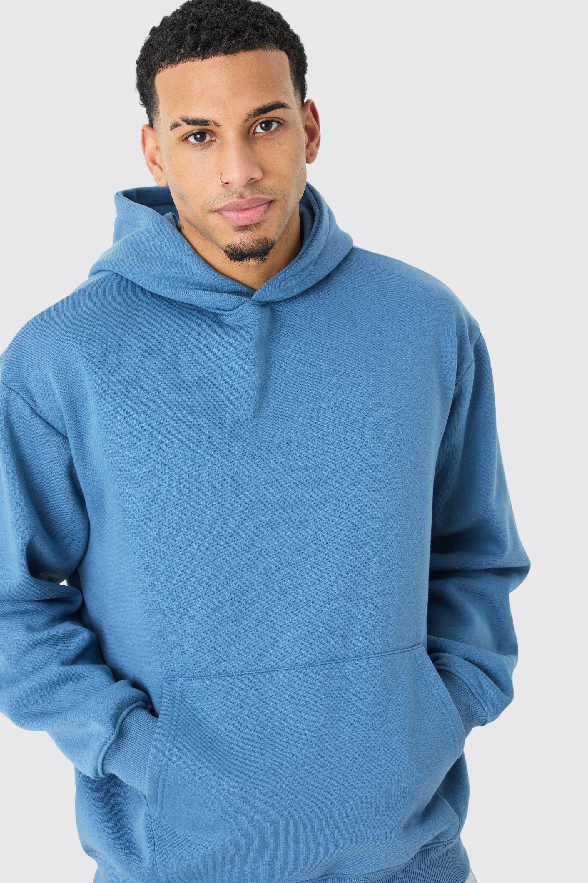Mens Blue Oversized Basic Over The Head Hoodie, Blue