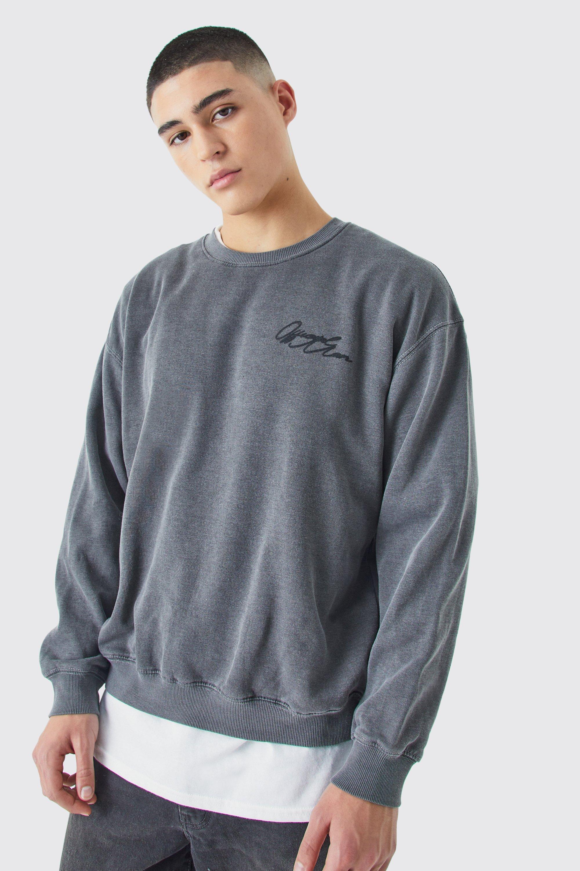 Mens Grey Oversized Boxy Acid Wash Man Graphic Sweatshirt, Grey