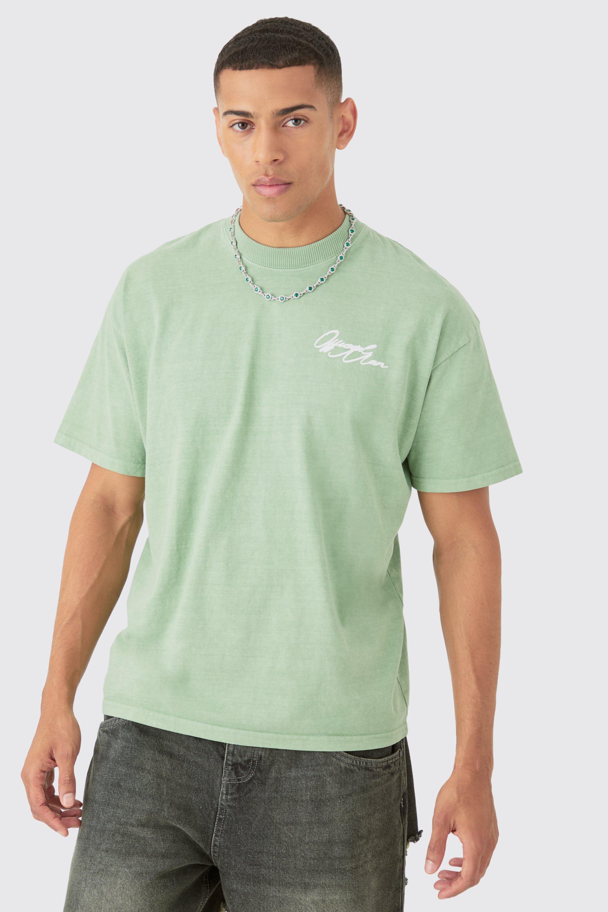 Mens Green Oversized Heavyweight Overdye Man Graphic T-shirt, Green