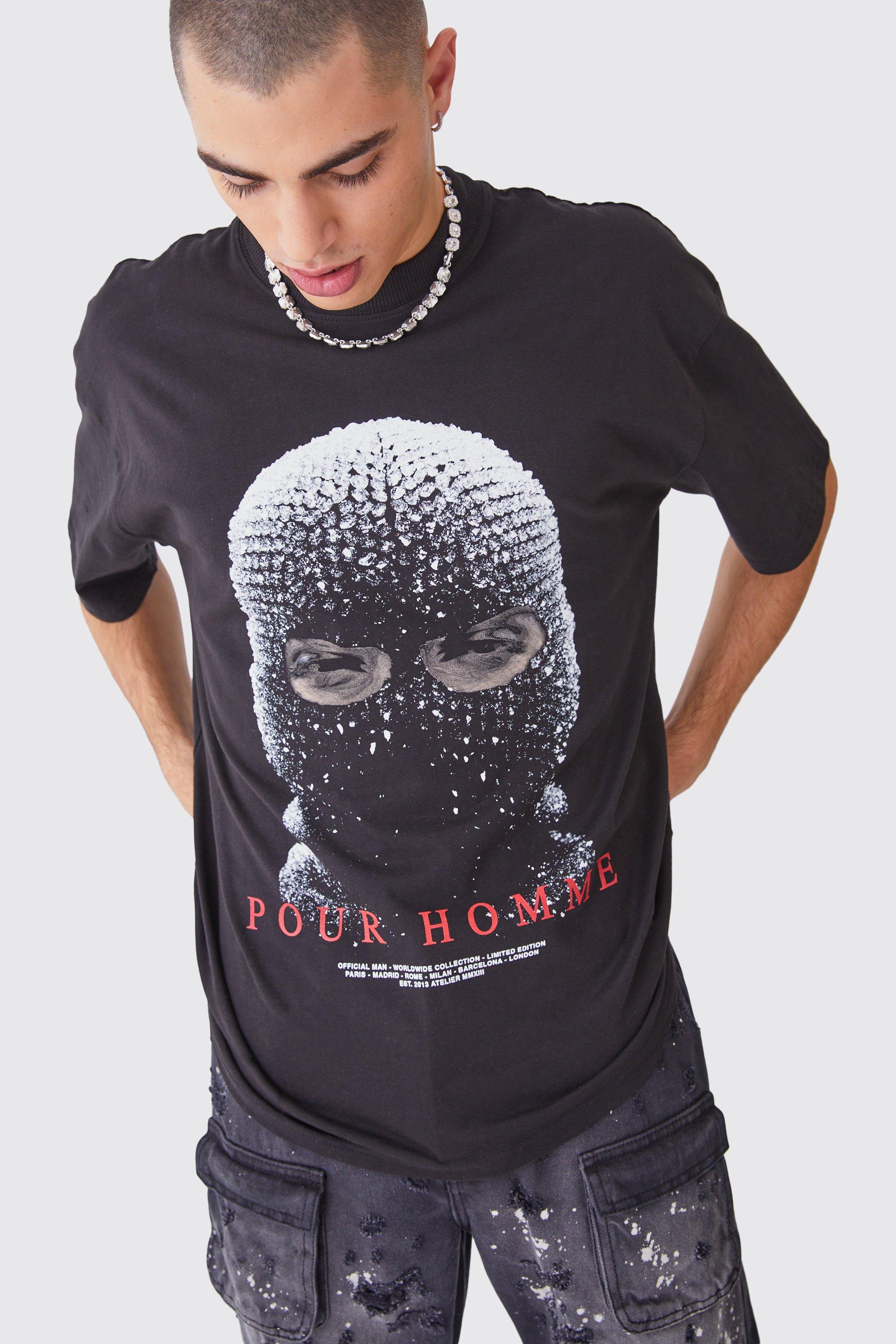 Image of T-shirt oversize pesante con grafica a maschera, Nero