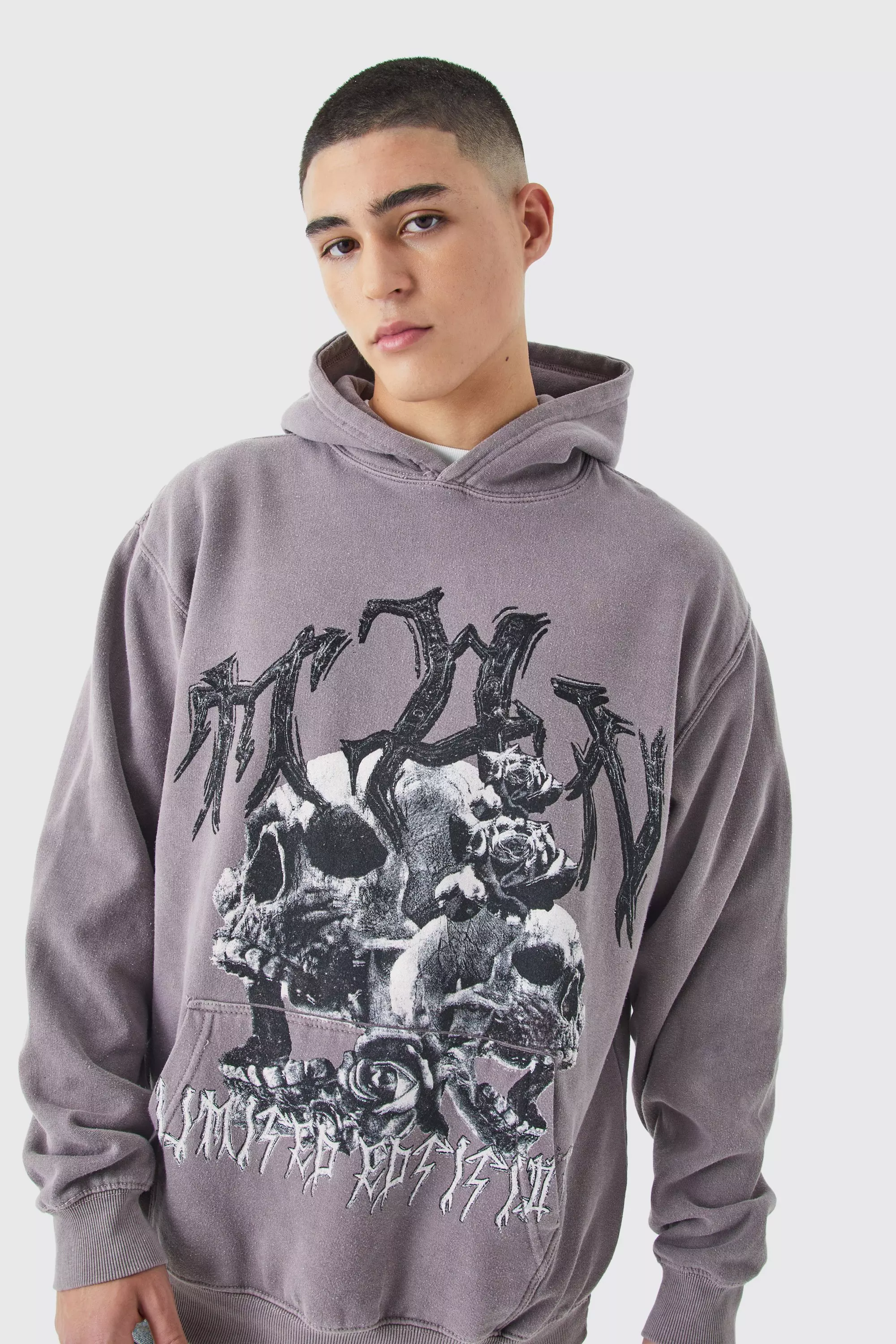 Oversized Washed Skull Graphic Hoodie