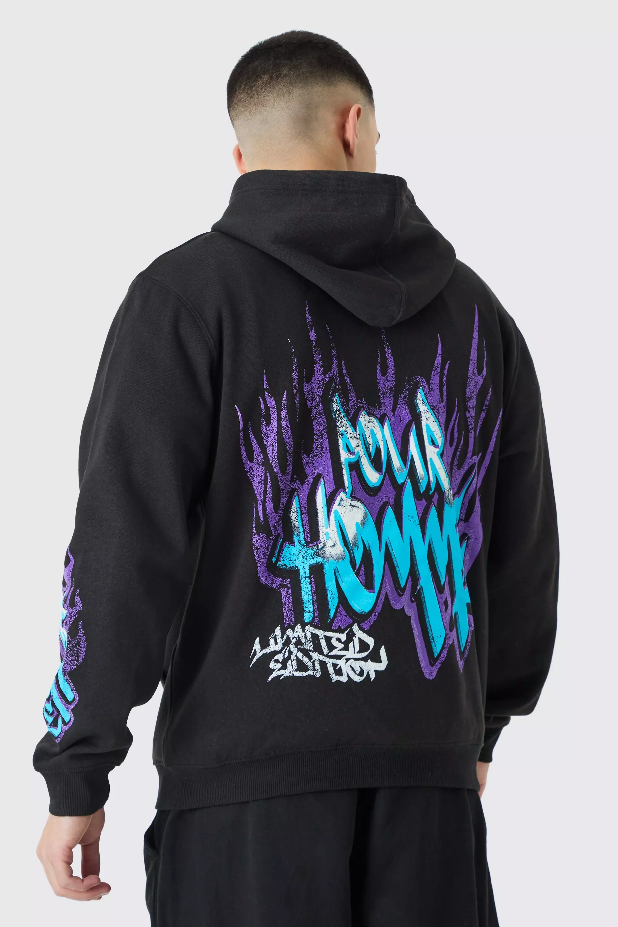 Zip Through Graffiti Flame Hoodie boohooMAN USA