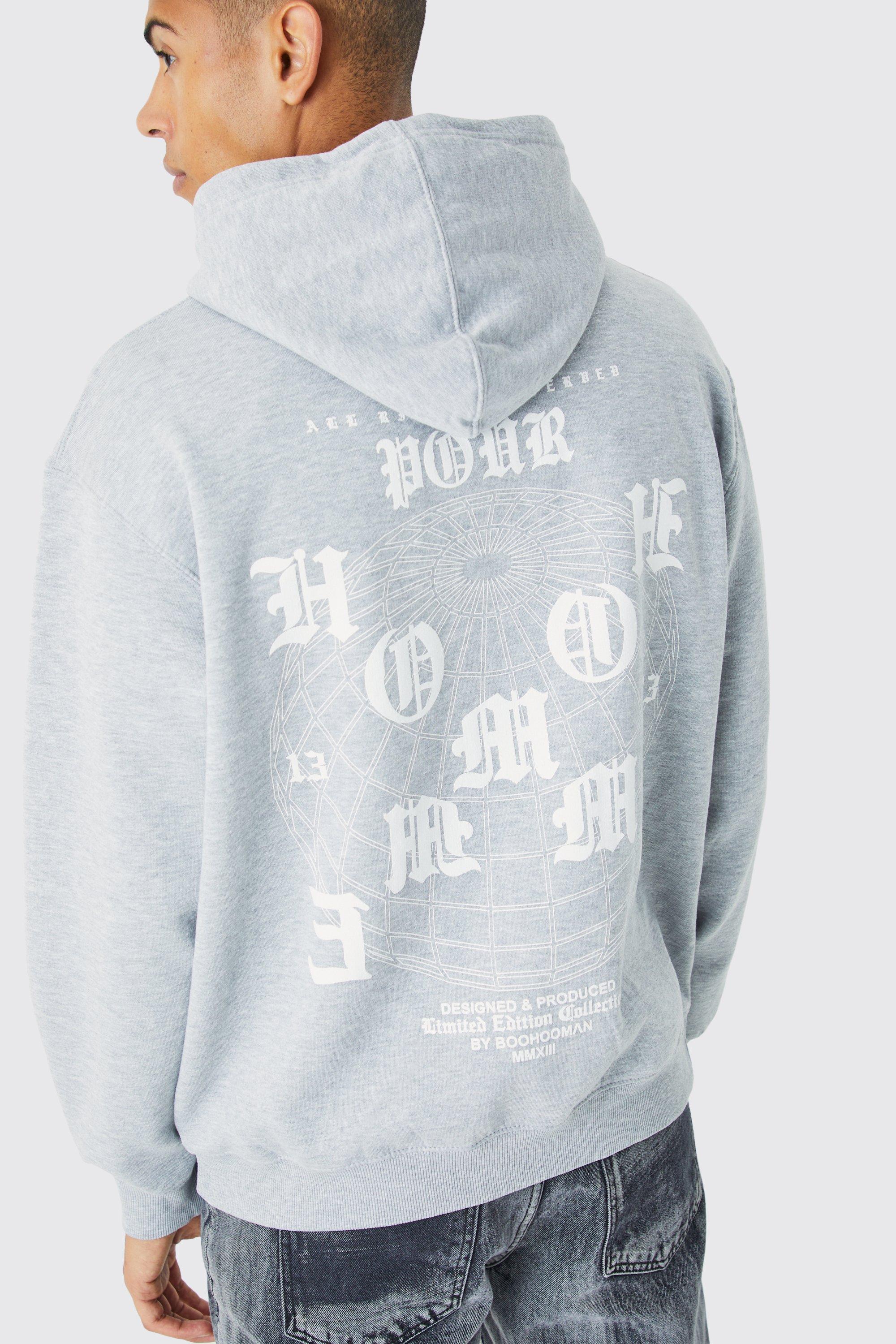 Mens Grey Oversized Homme Graphic Hoodie, Grey