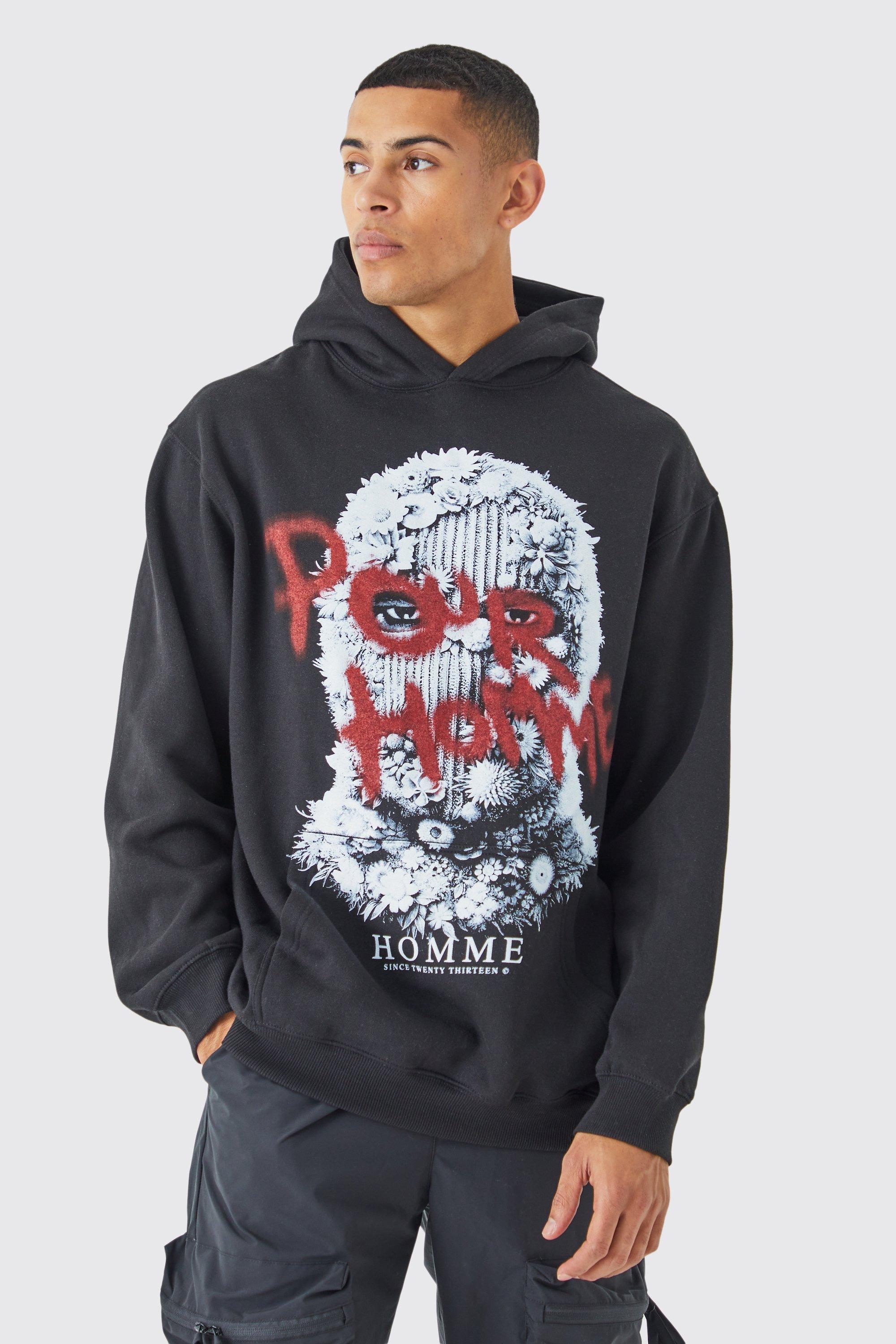 Mens Black Oversized Mask Graphic Hoodie, Black