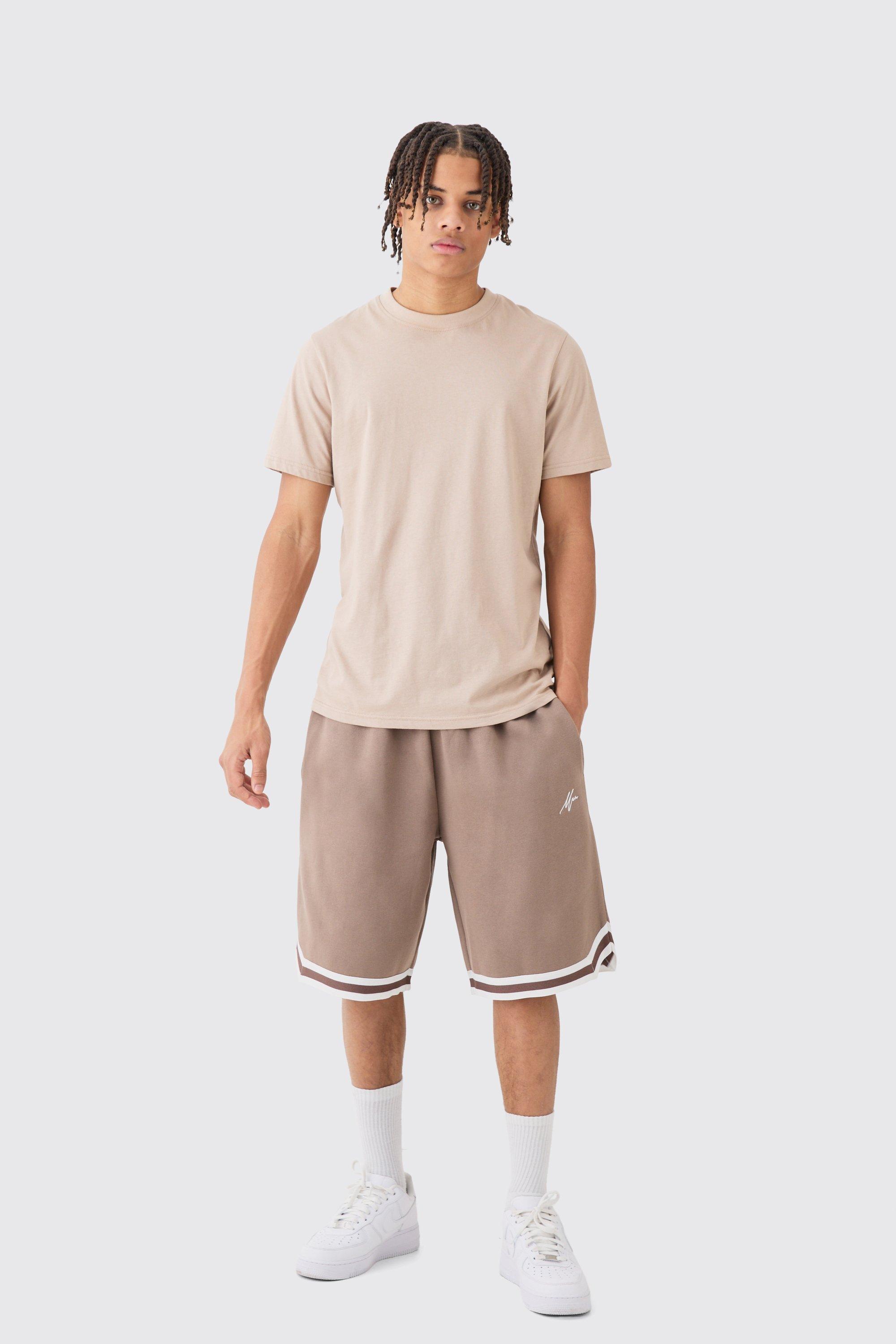 Image of Pantaloncini da basket oversize Man con logo e striscia media in jersey, Brown