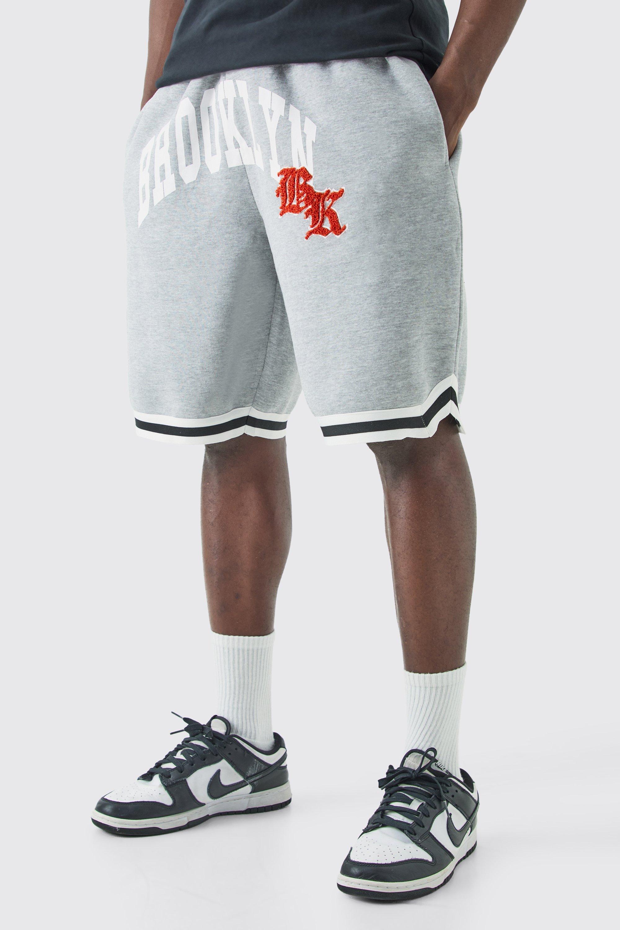 Mens Grey Oversized Brooklyn Mid Length Jersey Tape Basketball Short, Grey