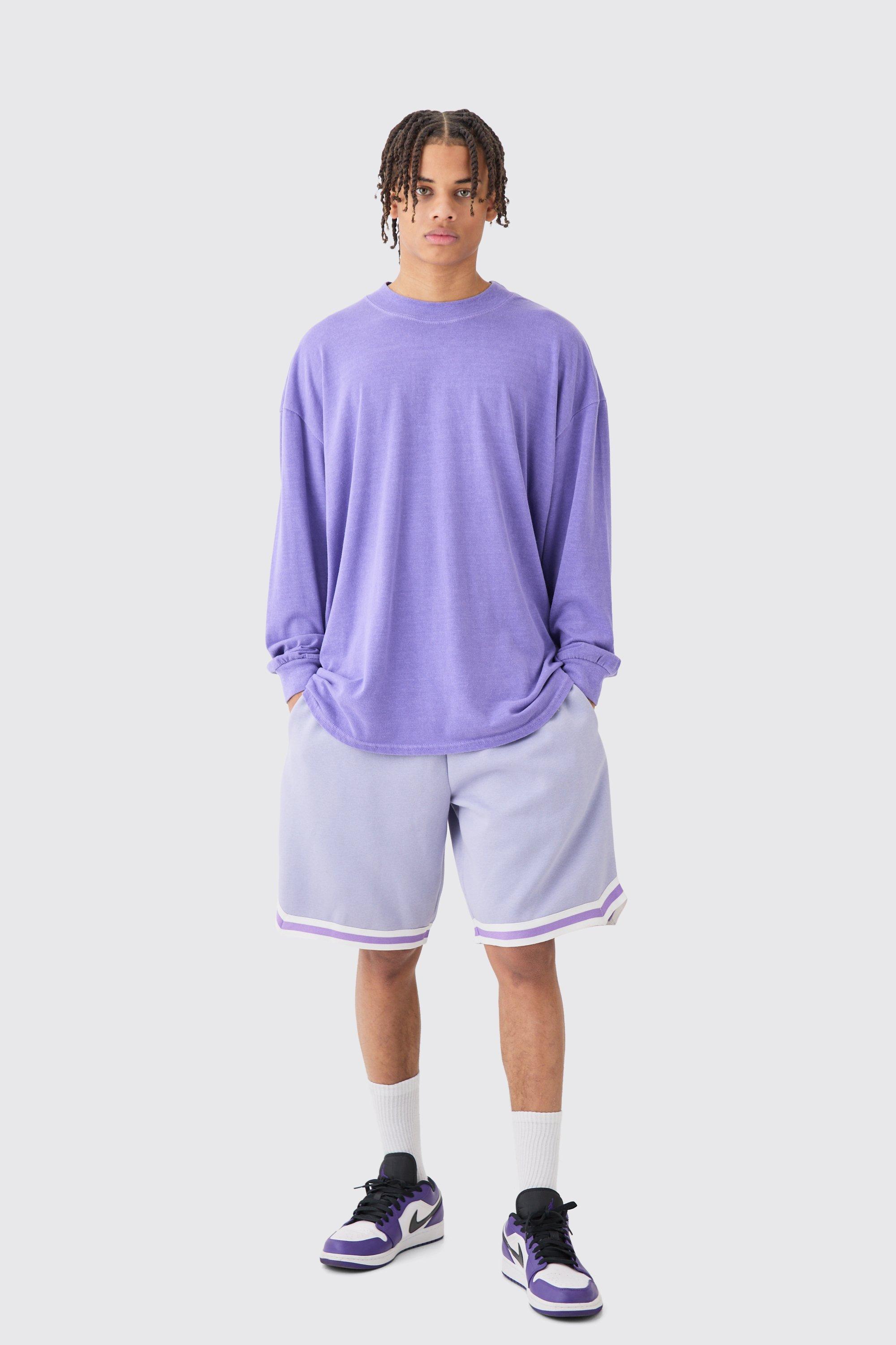 Mens Purple Oversized Mid Length Jersey Tape Basketball Short, Purple