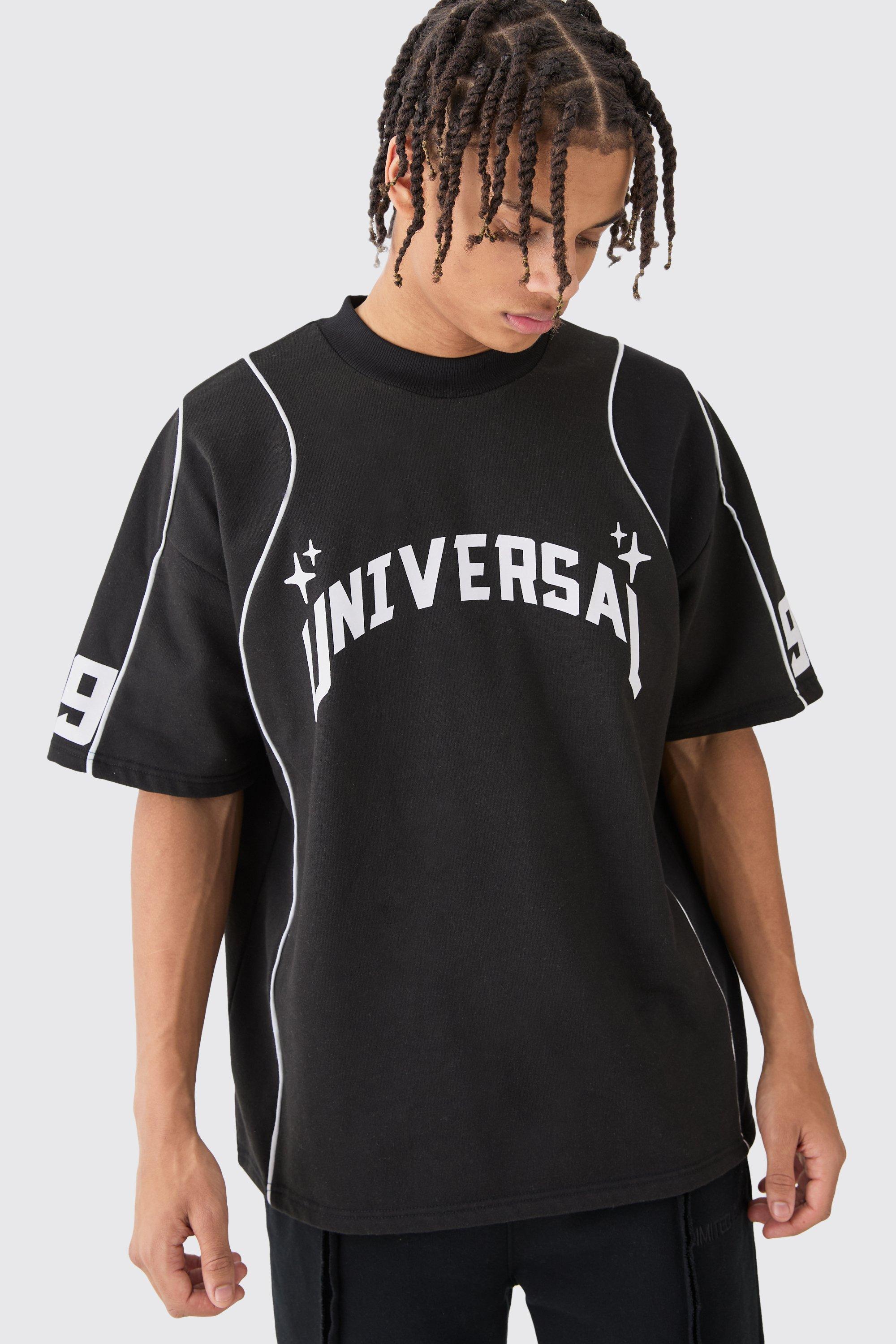 T-shirt oversize con grafica Universal e girocollo esteso, Nero