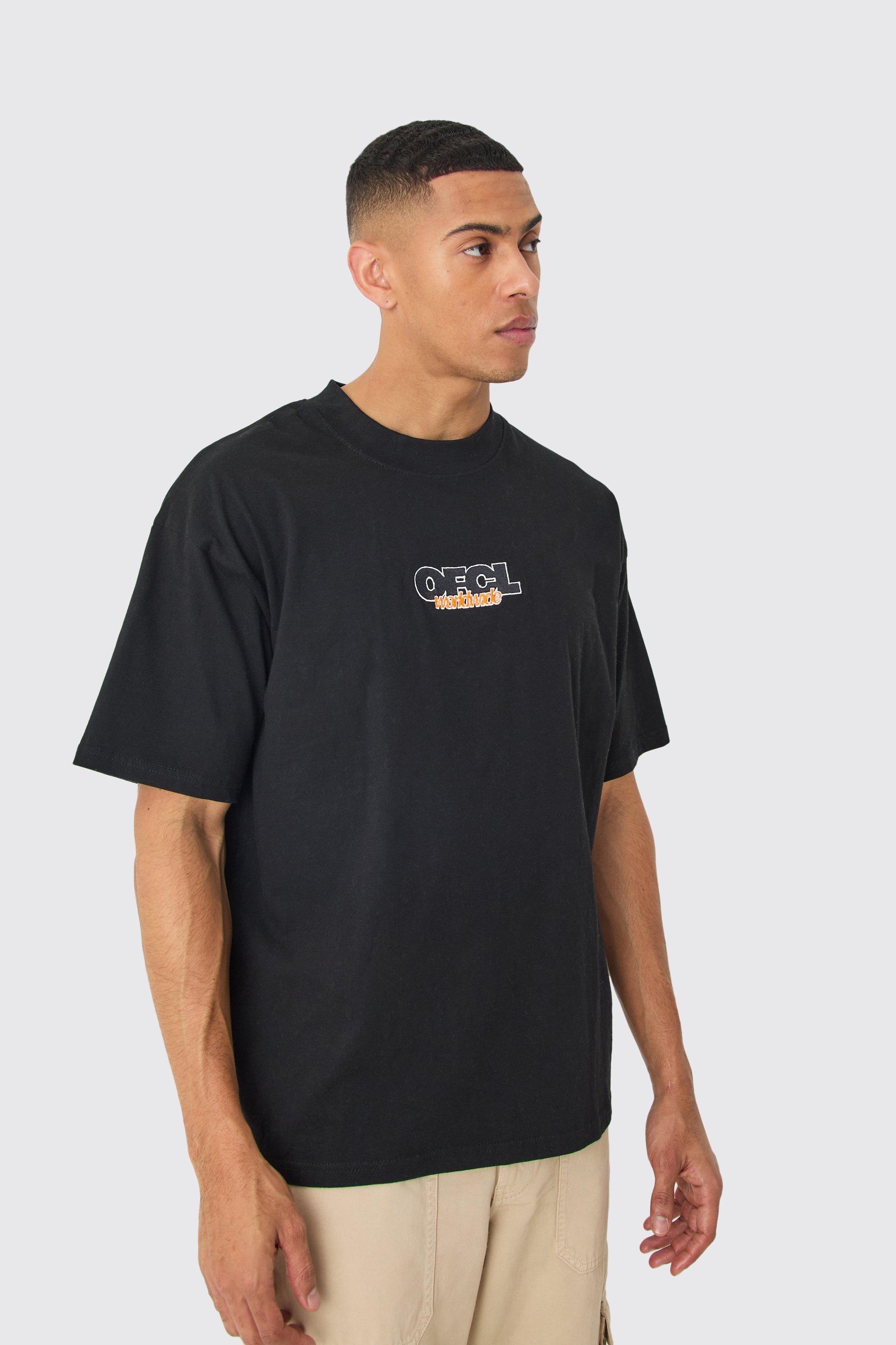 Mens Black Oversized Extended Neck OFCL T-shirt, Black