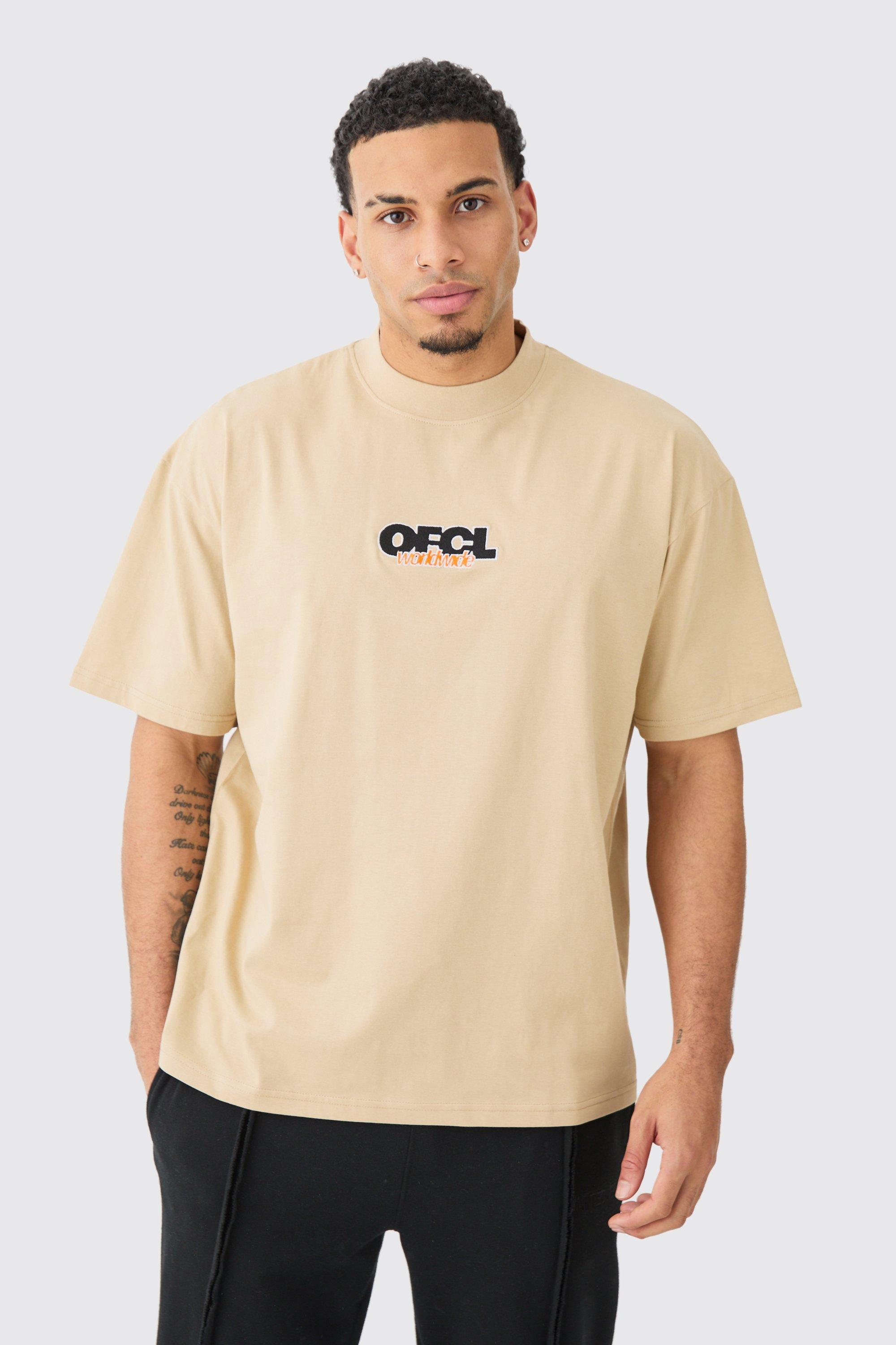 Mens Beige Oversized Extended Neck OFCL T-shirt, Beige