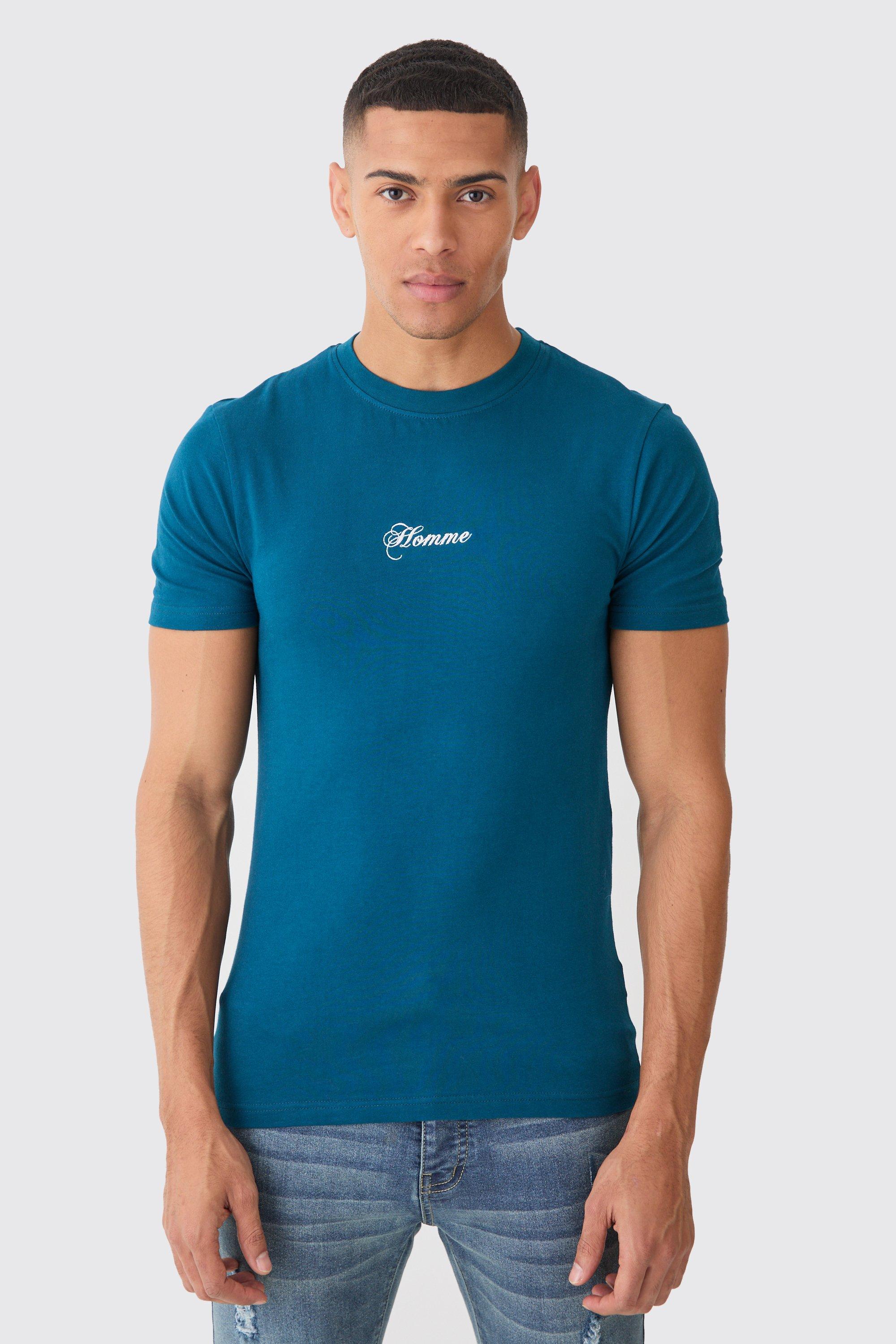 Mens Blue Muscle Fit Basic Homme T-shirt, Blue