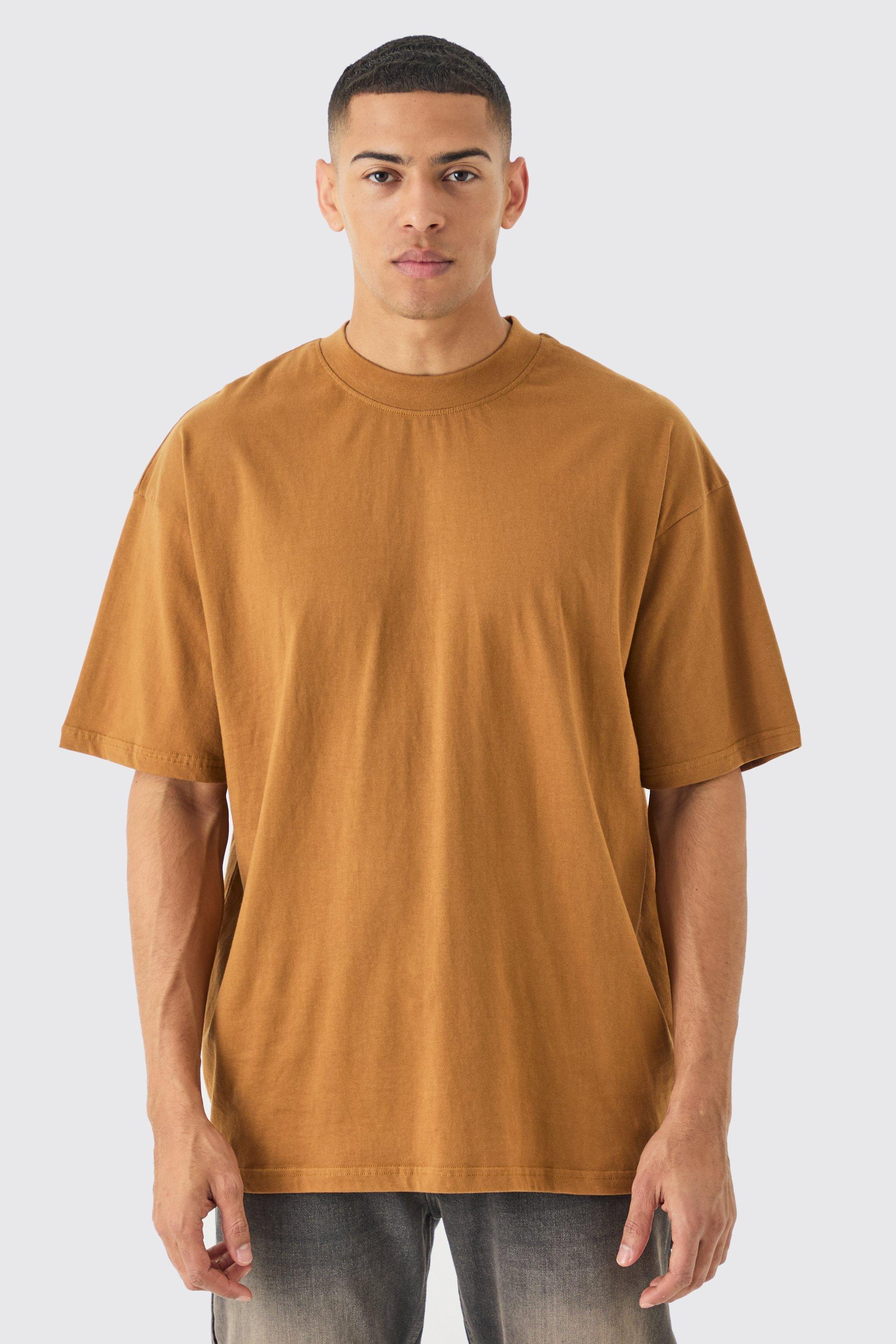 Mens Brown Oversized Extended Neck Basic T-shirt, Brown