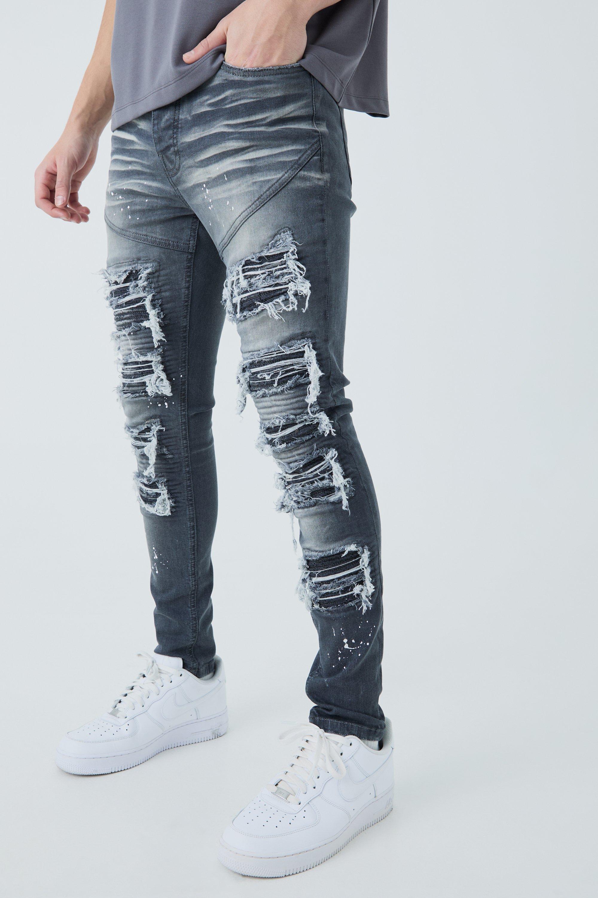 Image of Jeans stile Biker Super Skinny Fit con strappi & rattoppi e schizzi di colore, Grigio