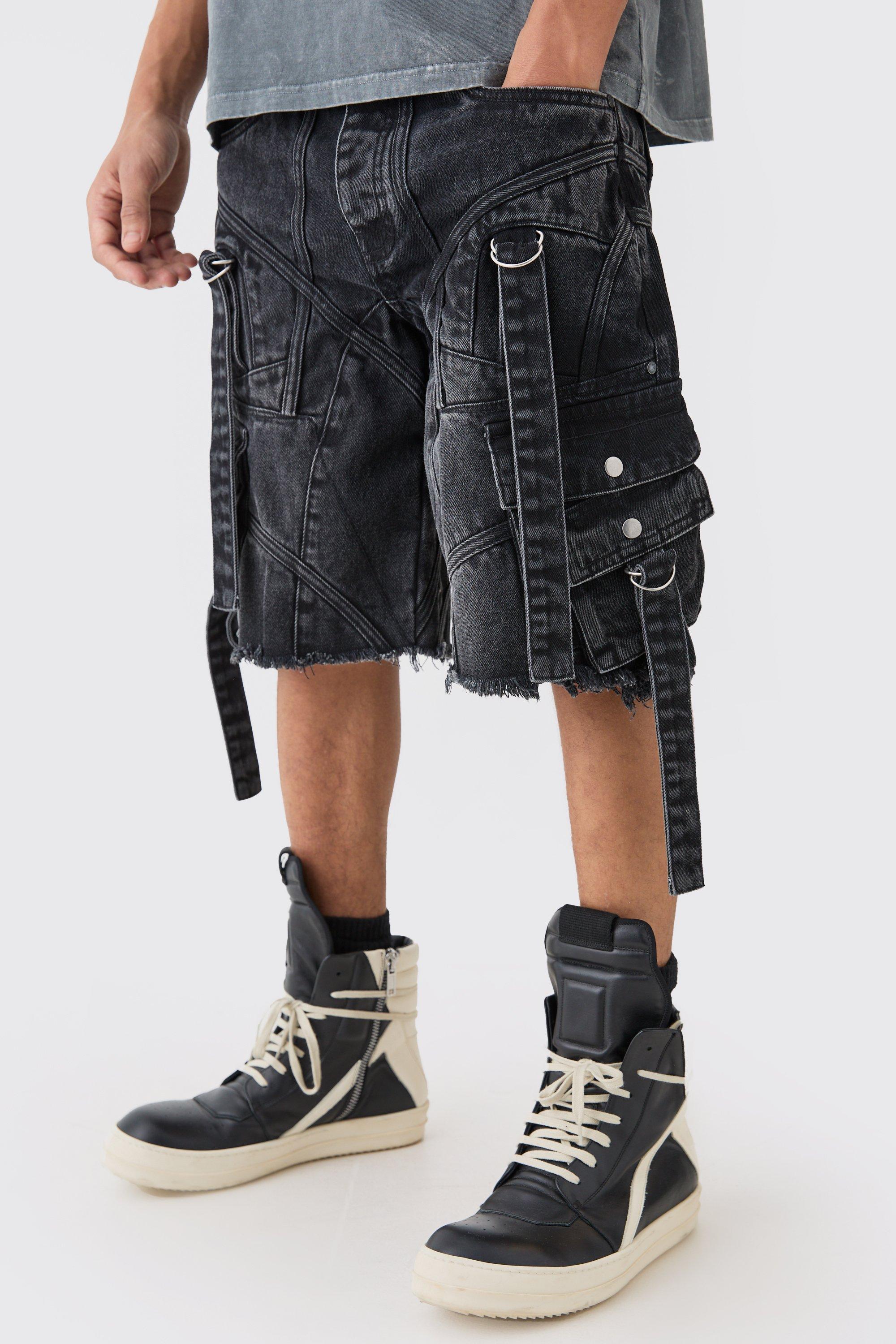 Mens Black Oversized Strap And Buckle Detail Denim Jorts, Black
