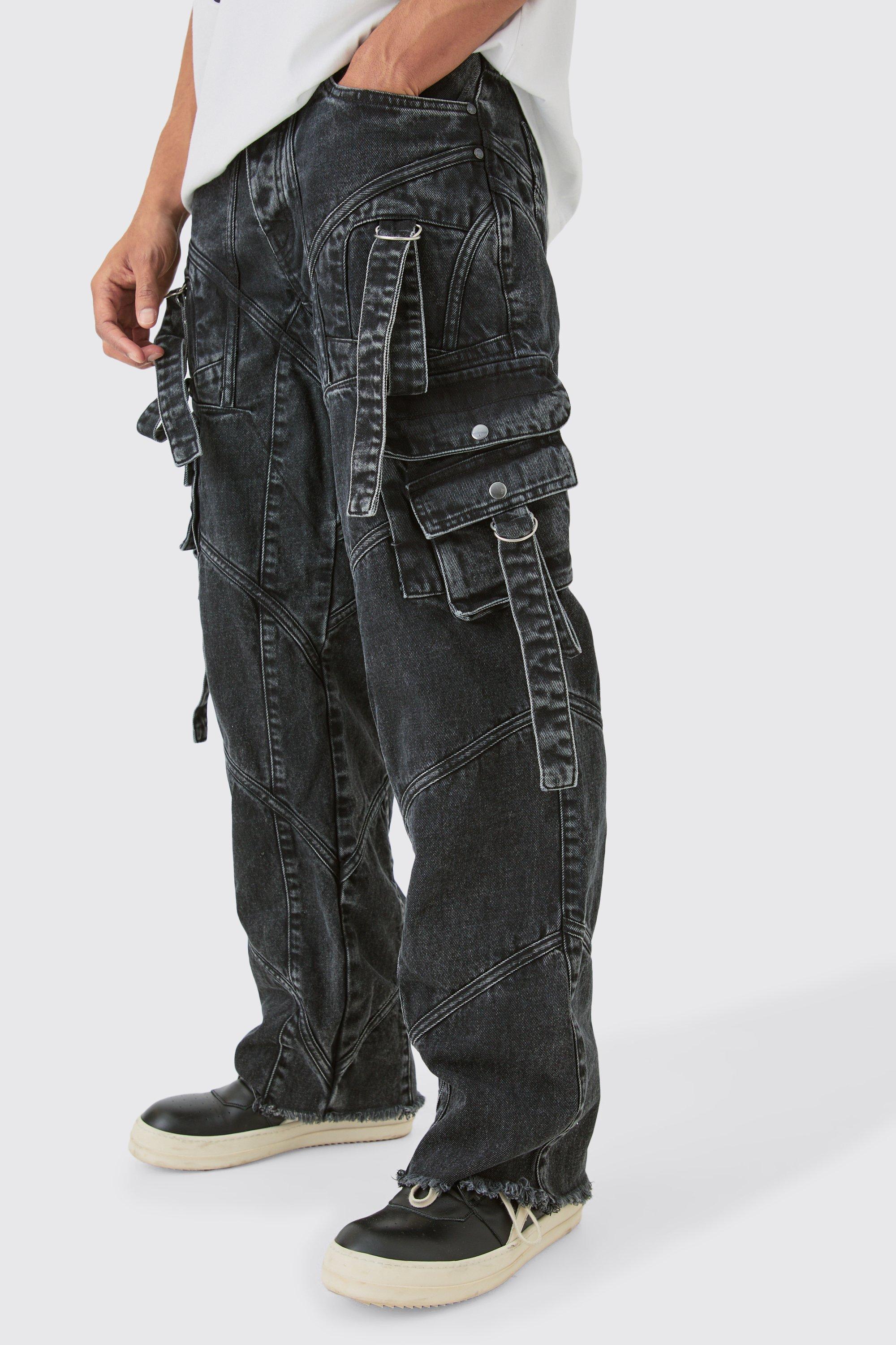 Image of Baggy Rigid Strap And Buckle Detail Jean In Washed Black, Nero