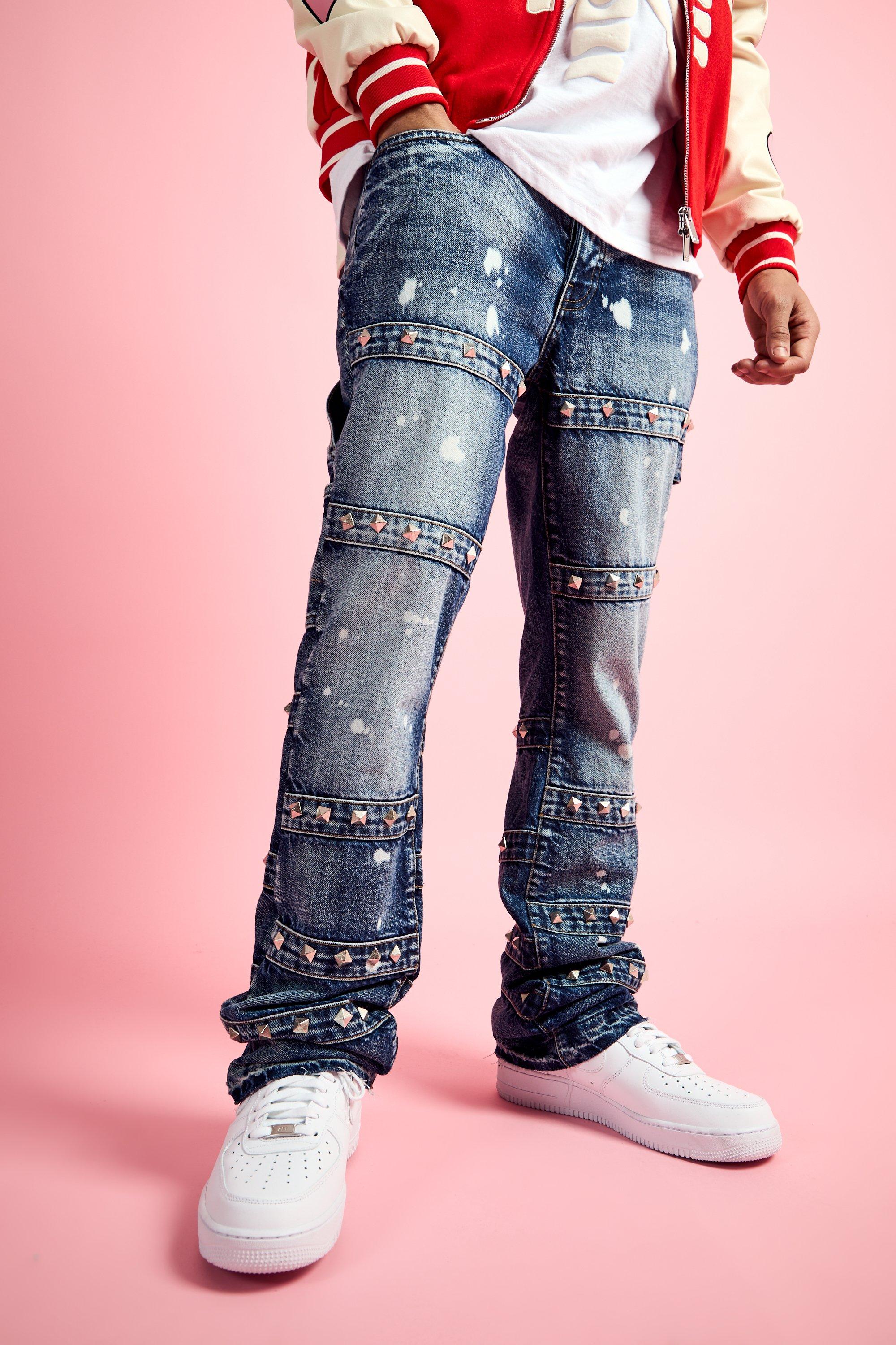 Image of Slim Rigid Flare Embellished Strap Detail Jeans, Azzurro