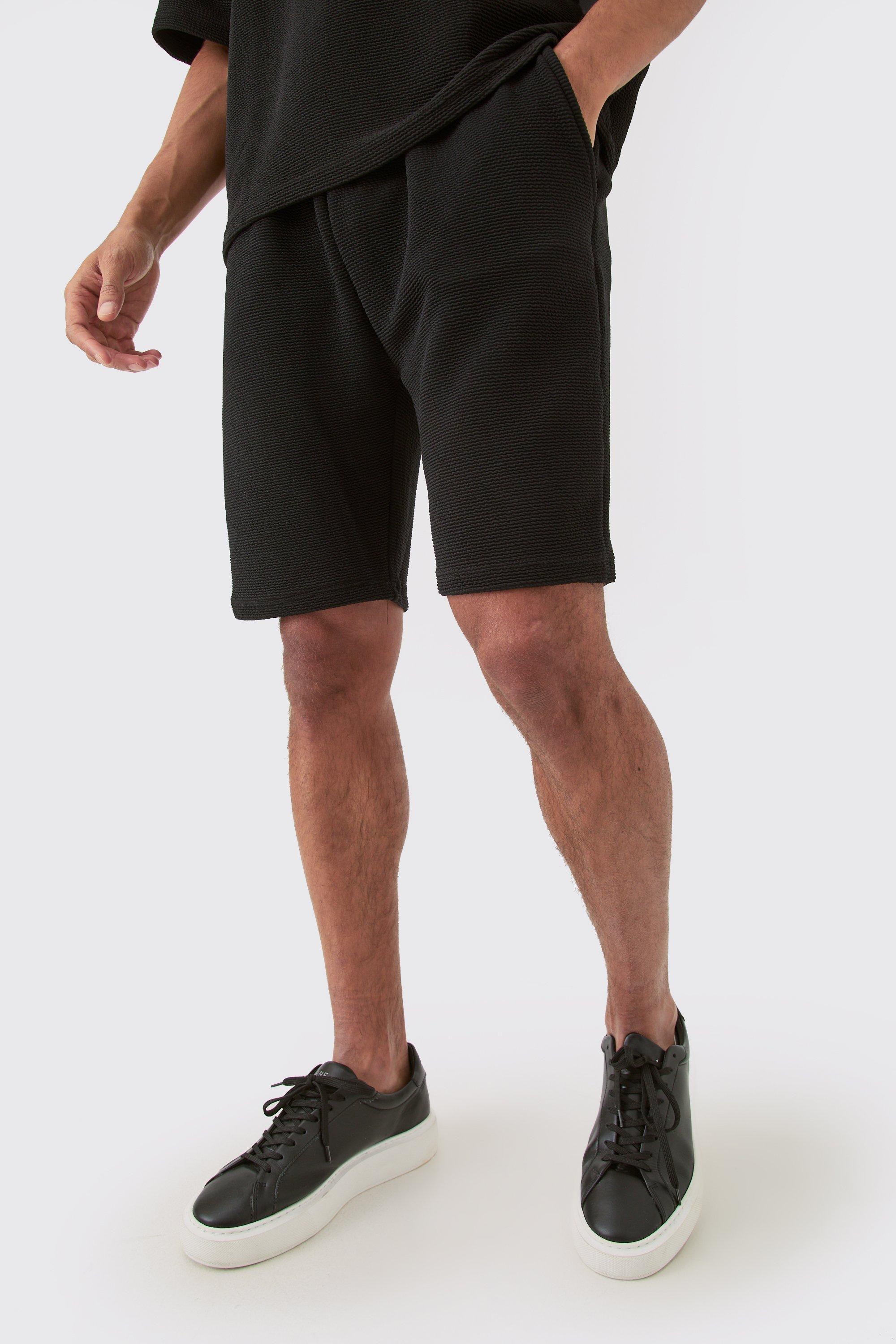 Image of Loose Fit Mid Length Textured Shorts, Nero