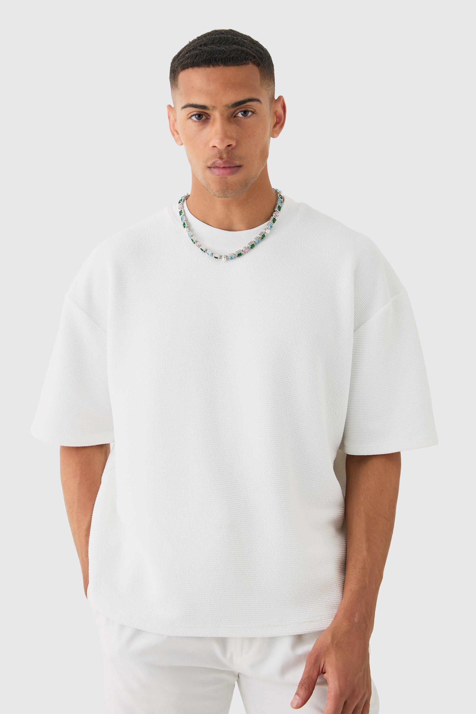 Image of Oversized Boxy Extended Neck Textured T-shirt, Bianco