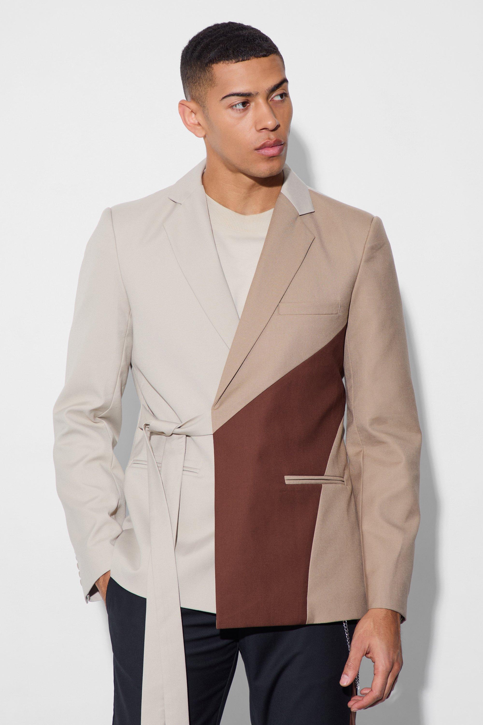 Mens Brown Slim Wrap Panel Suit Jacket, Brown