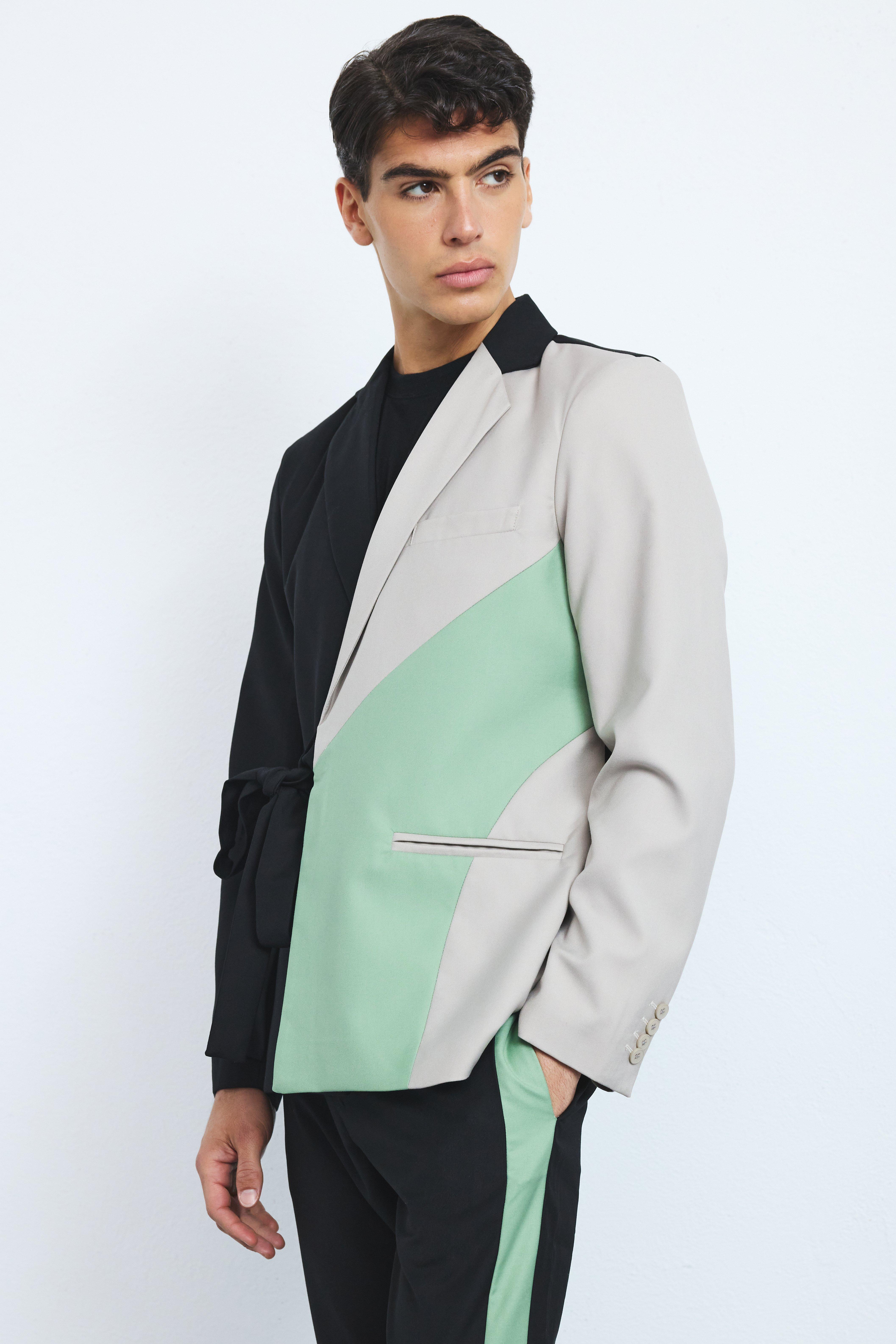 Mens Green Slim Wrap Panel Suit Jacket, Green