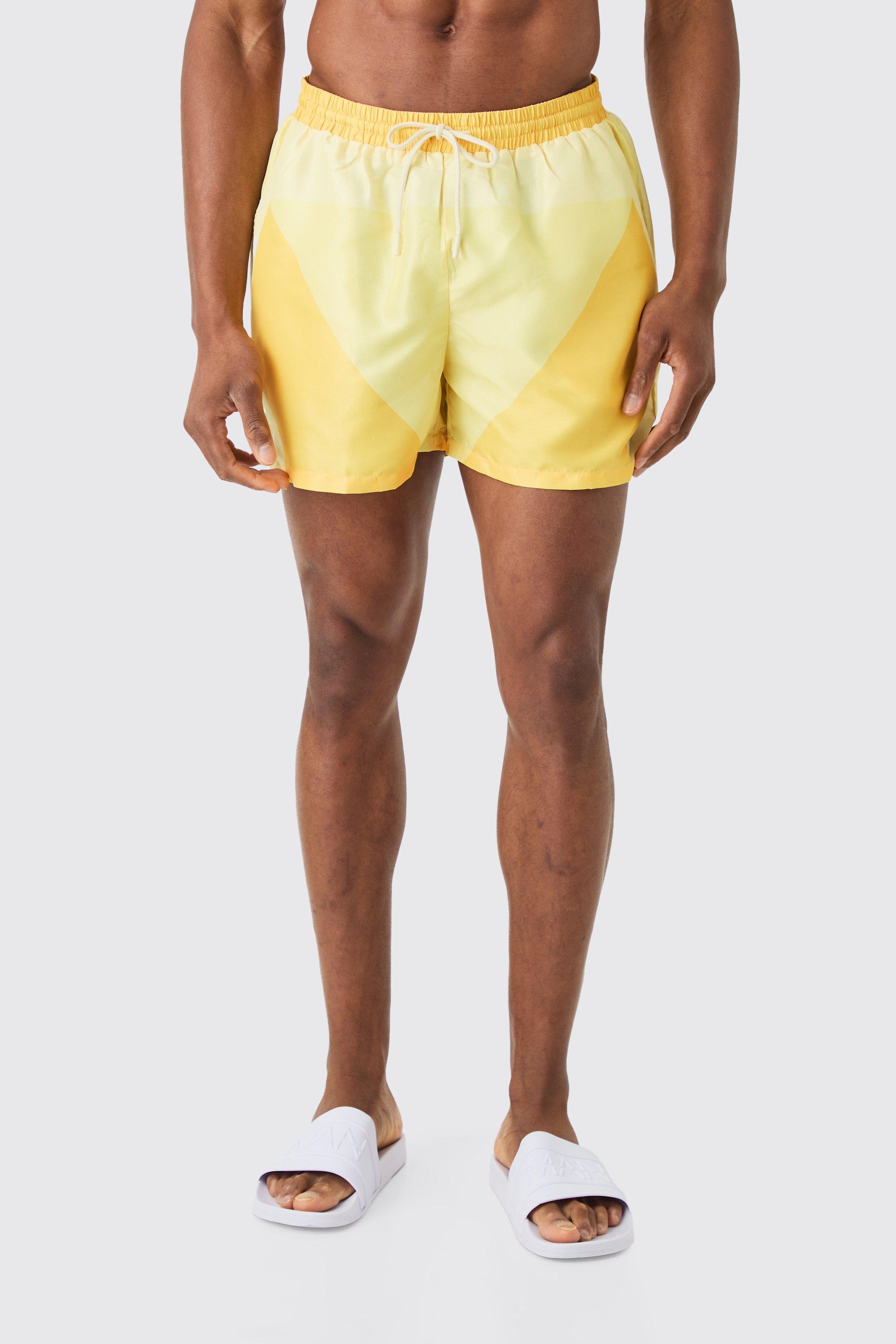 Mens Yellow Short Length Colour Block Swim Short, Yellow