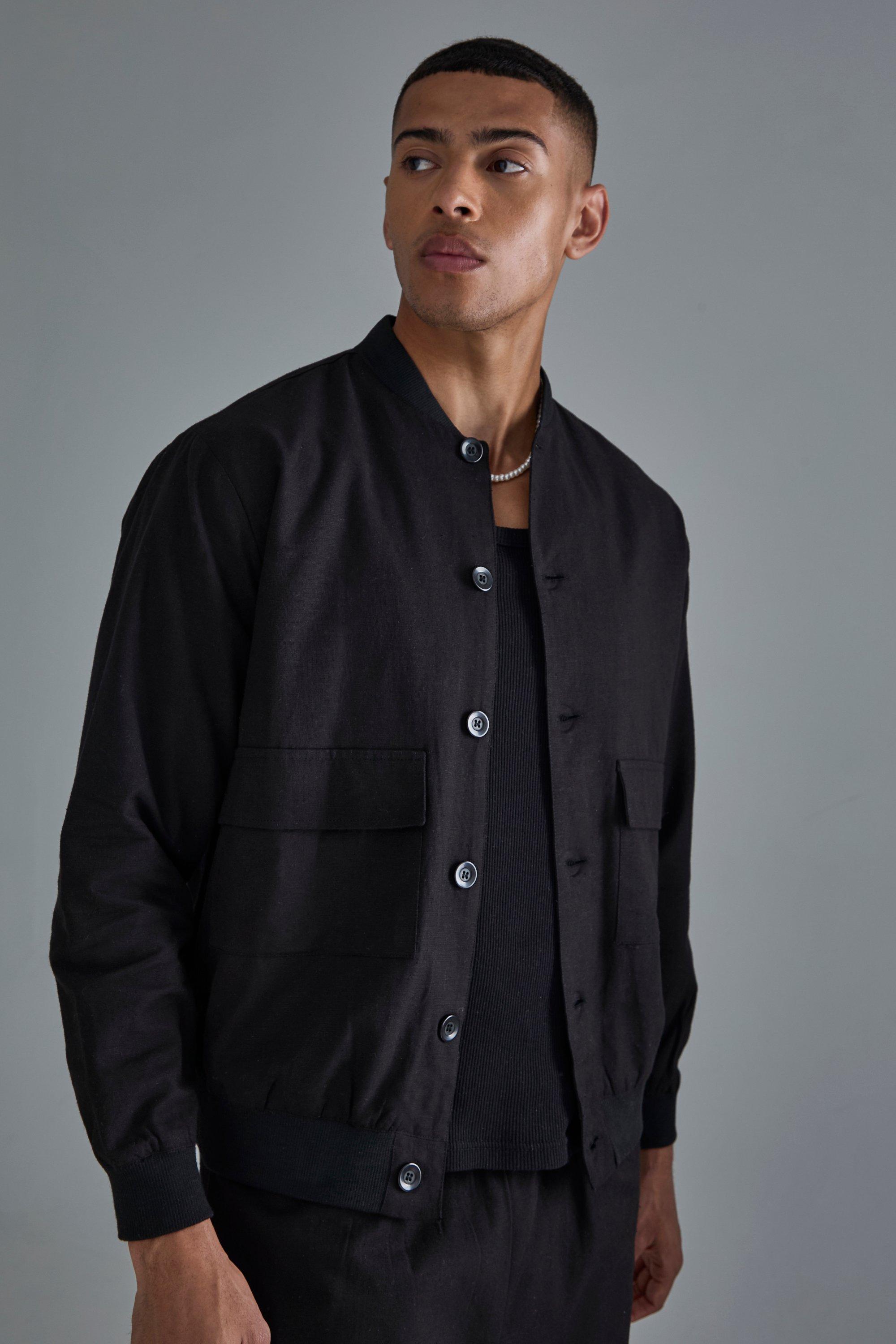 Mens Black Linen Mix Smart Oversized Cargo Bomber Jacket, Black