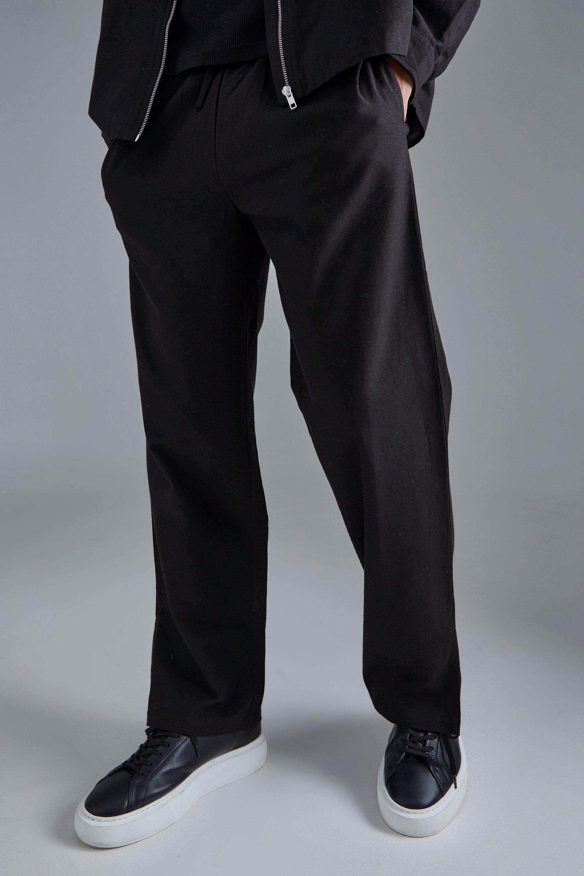 Mens Black Linen Mix Smart Split Hem Straight Trousers, Black