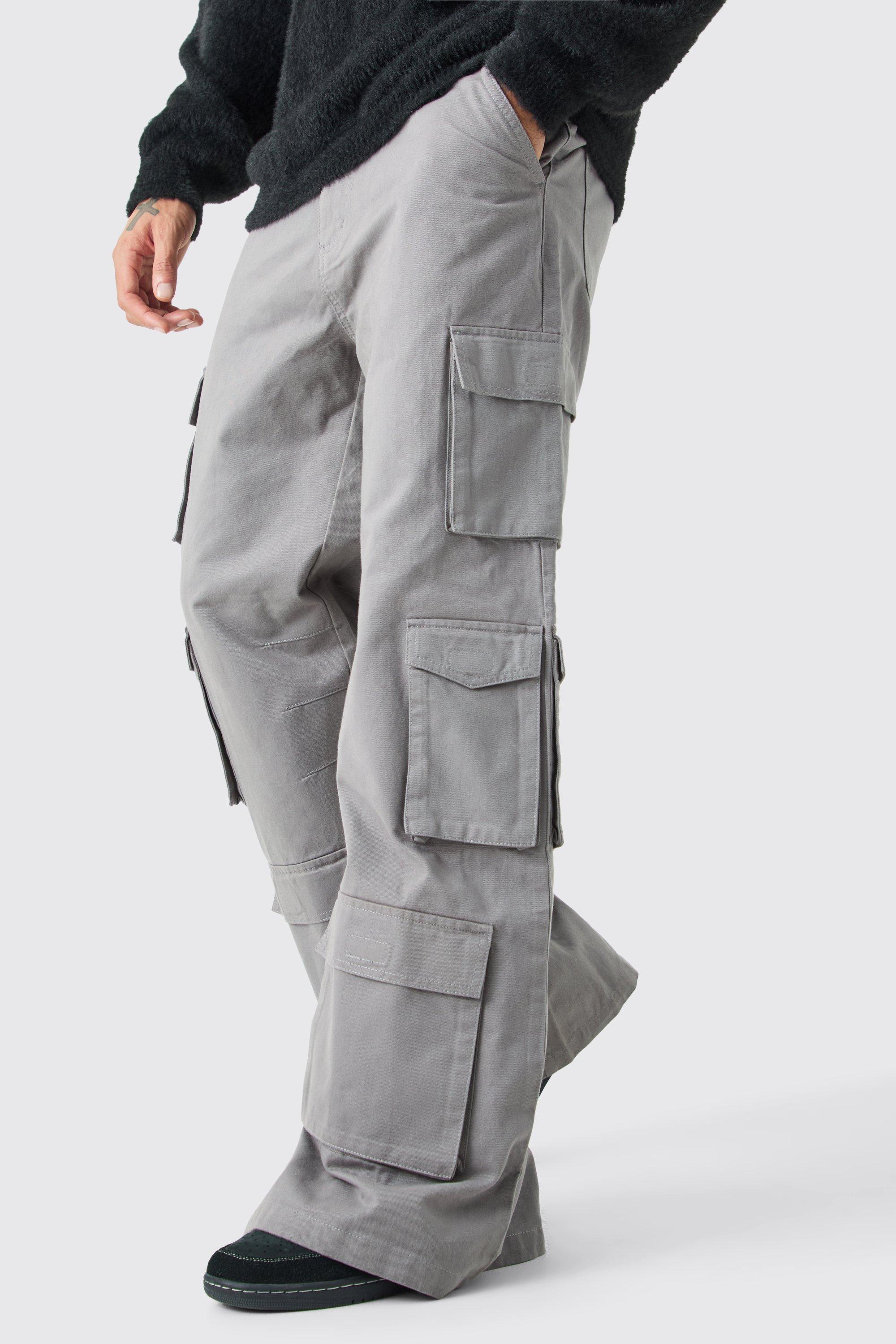Mens Grey Extreme Baggy Rigid Multi Cargo Pocket Trousers, Grey