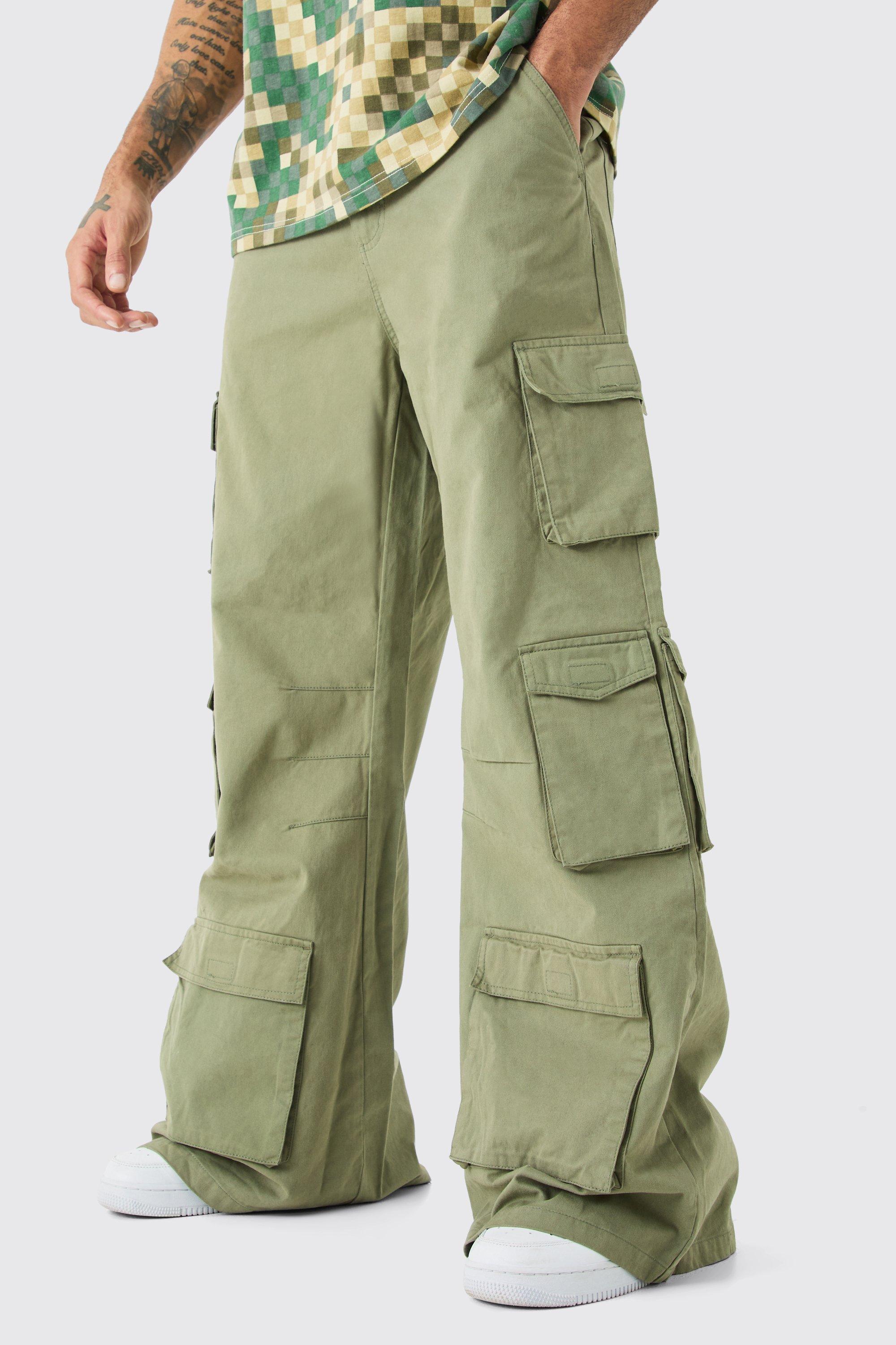 Mens Green Extreme Baggy Rigid Multi Cargo Pocket Trousers, Green