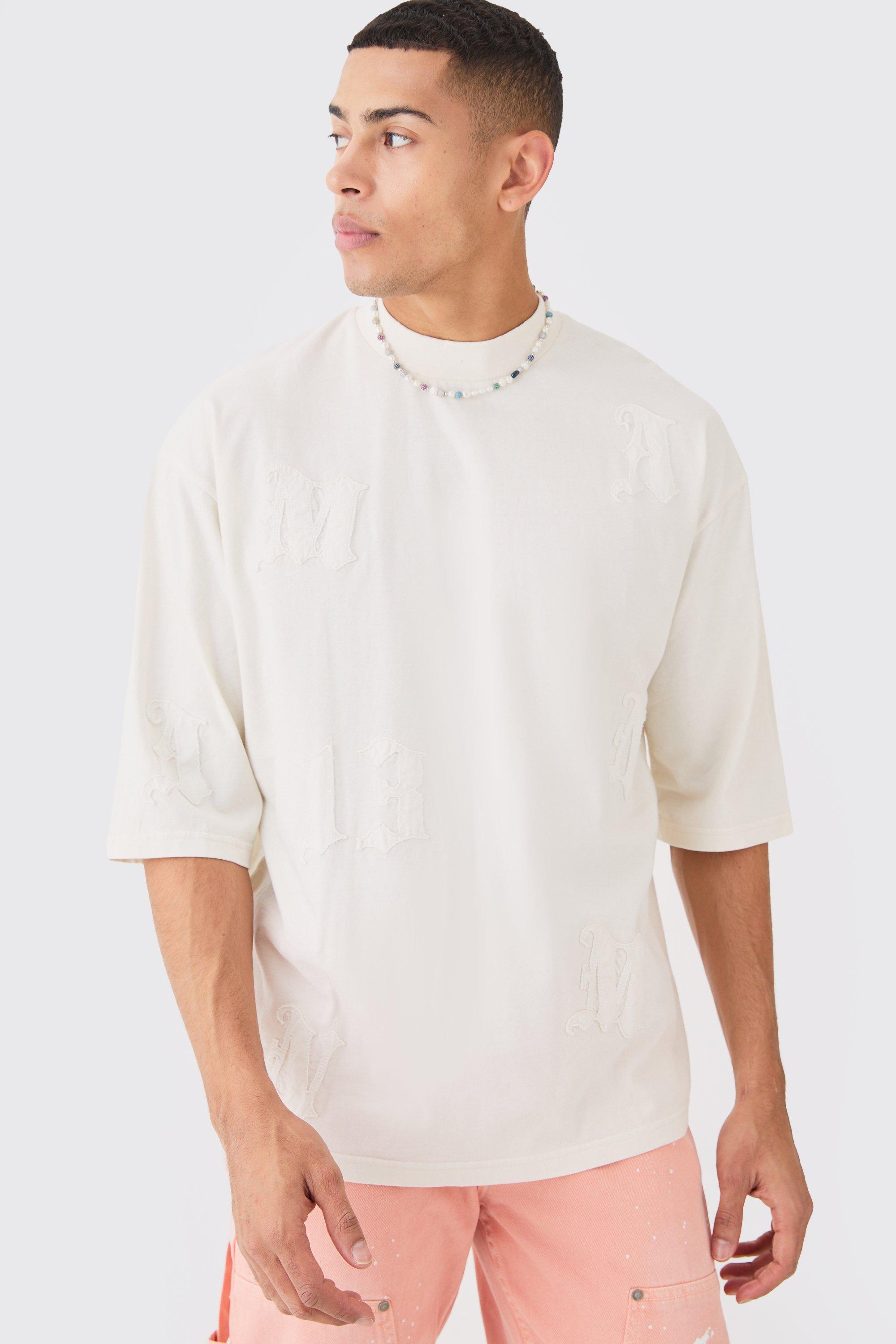 Image of T-shirt oversize pesante in lavaggio acido con applique, Cream