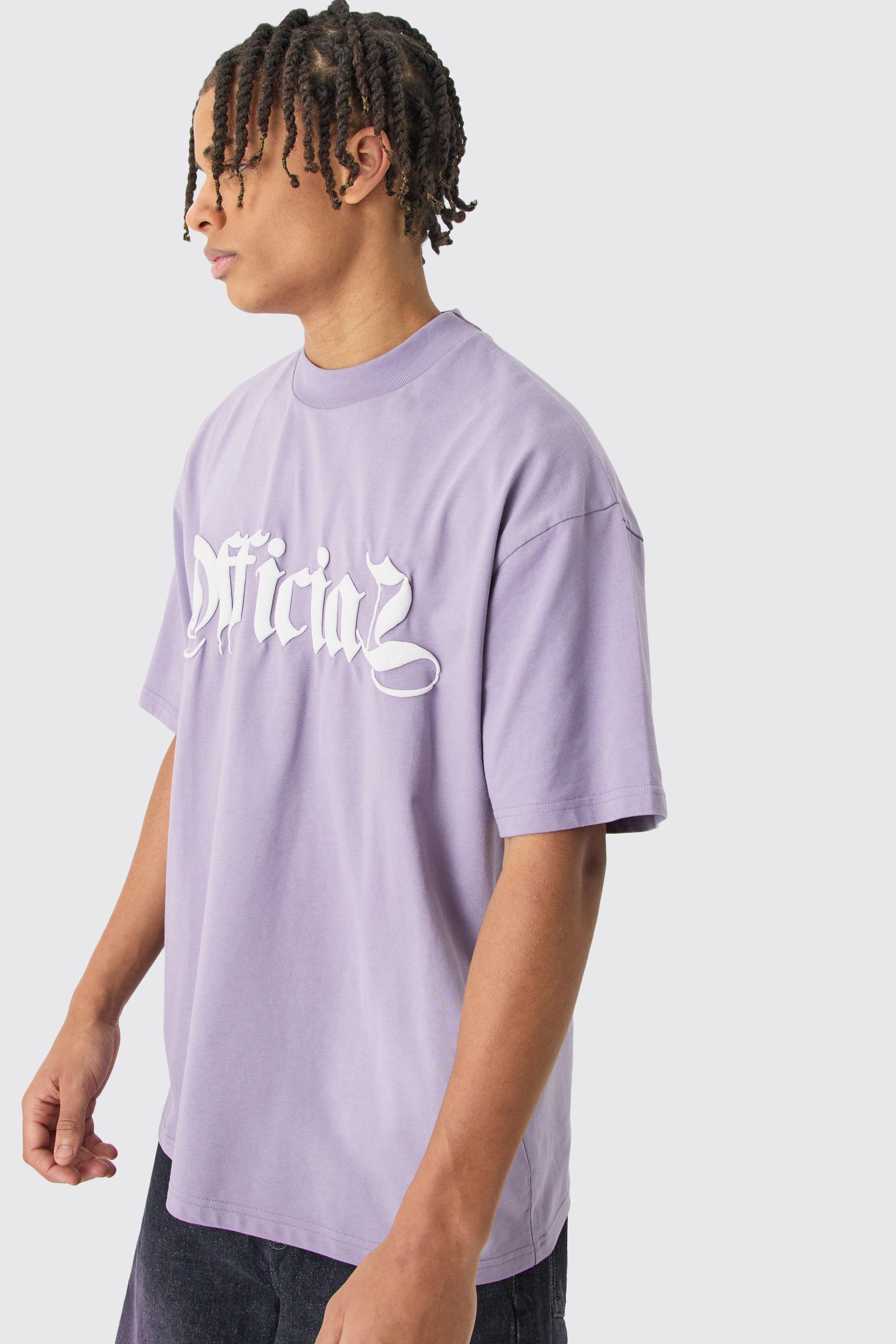 Image of T-shirt oversize in denim pesante in lavaggio spray con applique, Purple