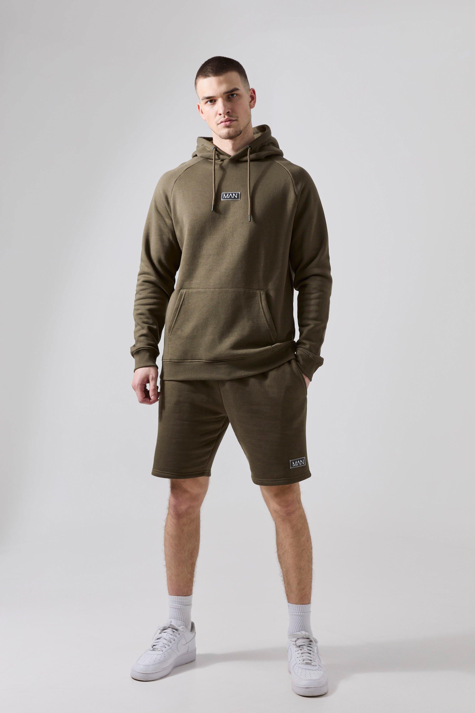 Mens Green Tall Man Active Gym Training Hoodie & Short Set, Green