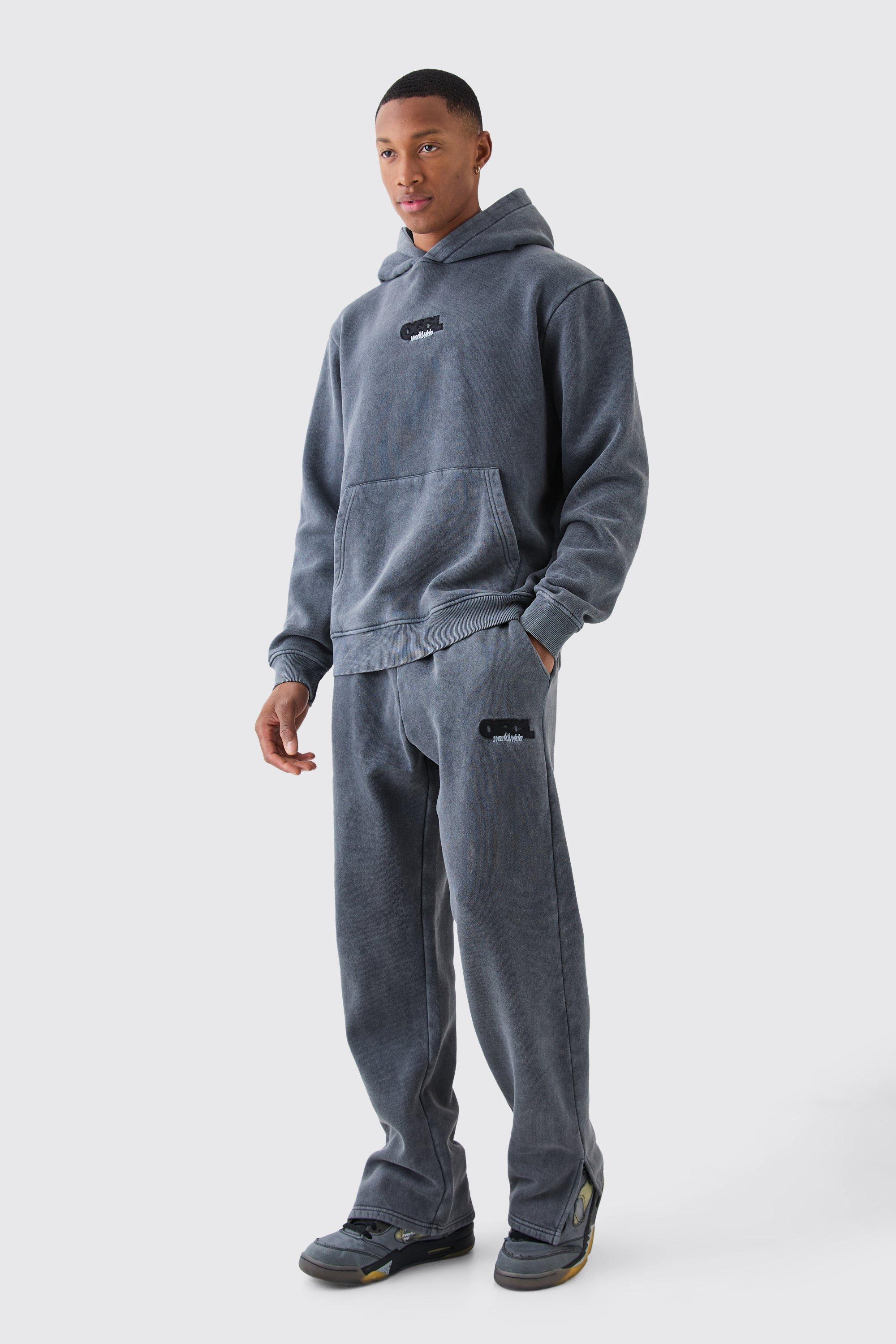 Mens Grey Man Washed Hooded Tracksuit, Grey