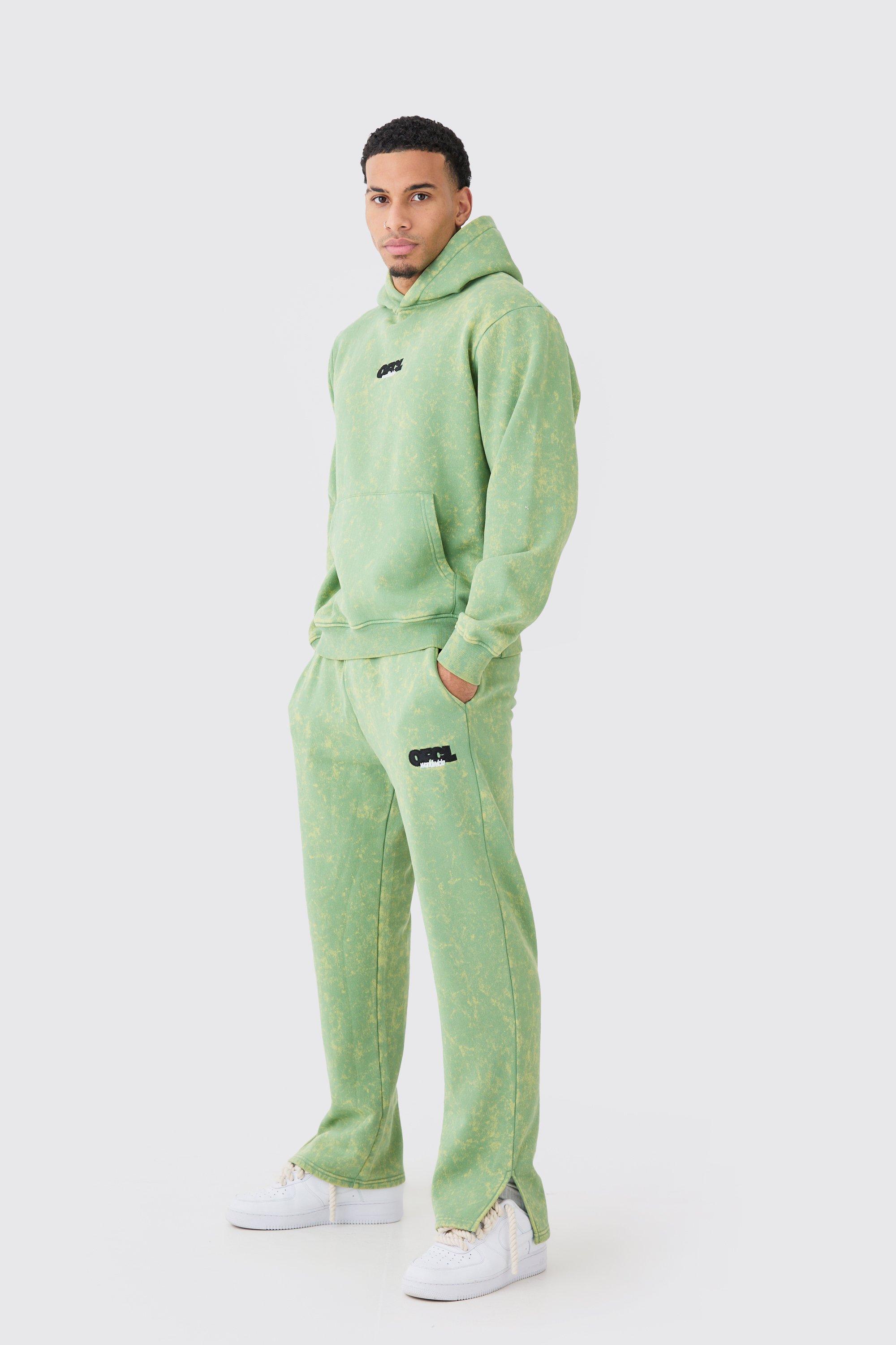Mens Green Man Washed Hooded Tracksuit, Green