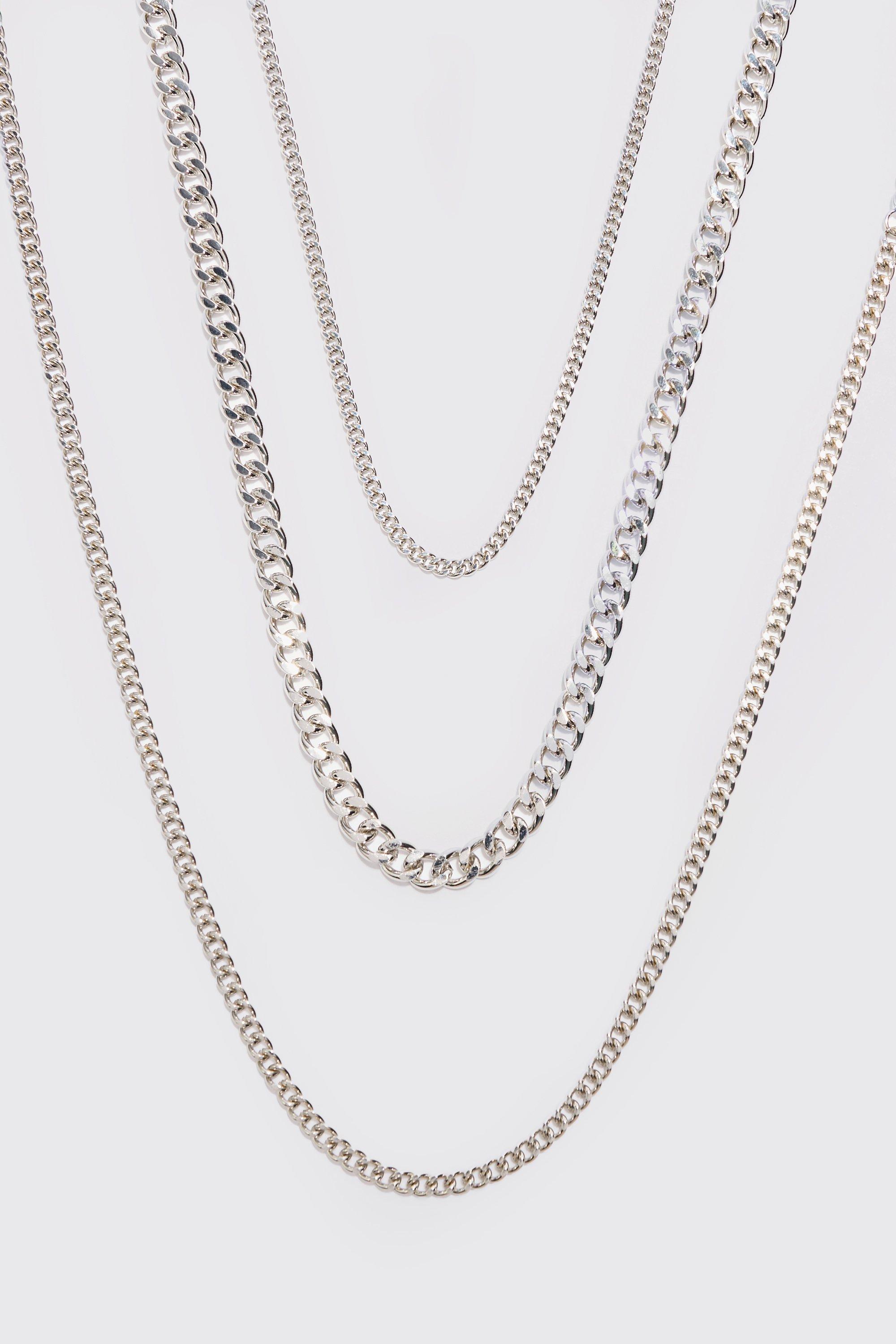 Mens Grey 3 Pack Chain Necklace In Silver, Grey