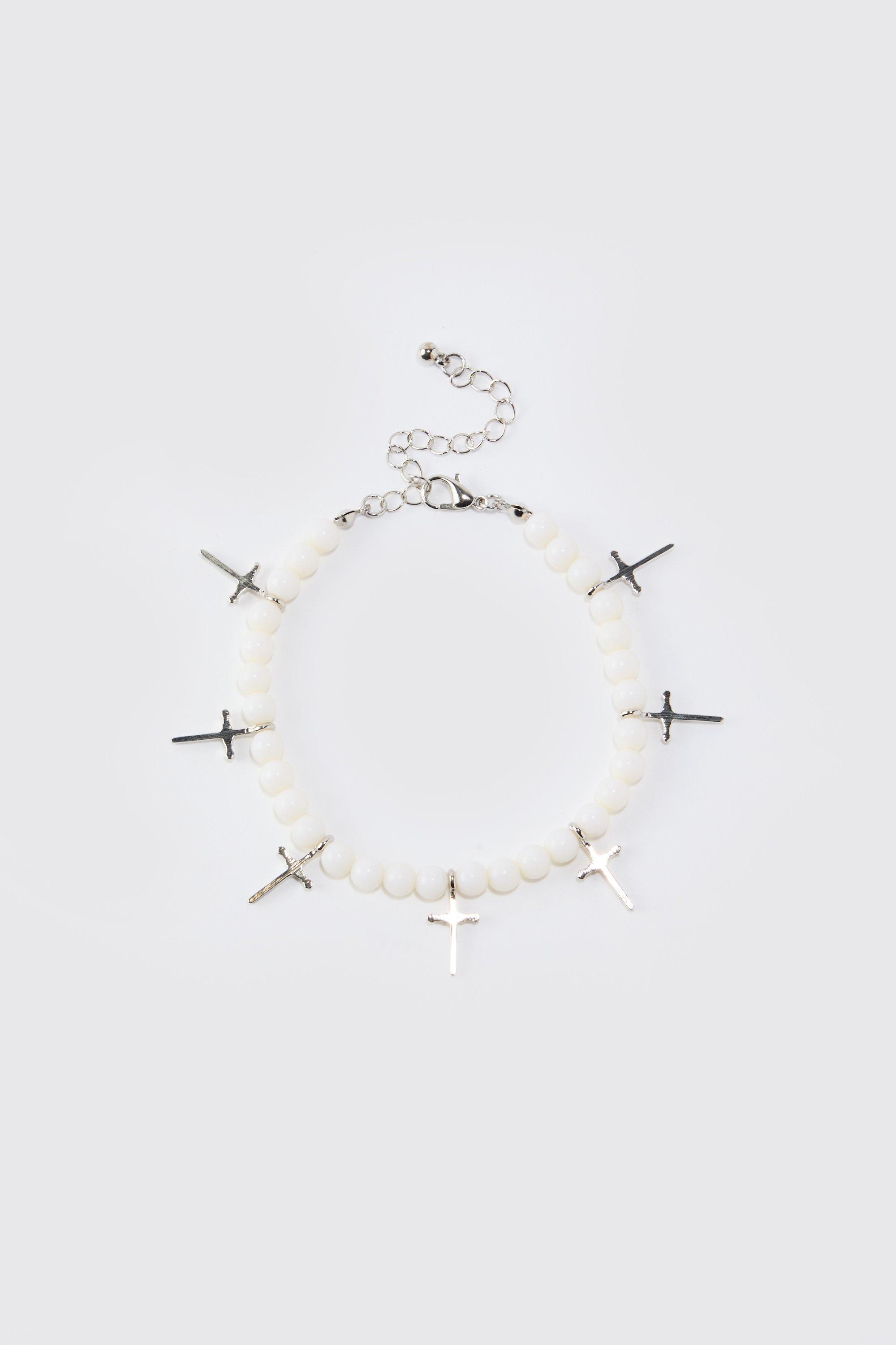 Mens Pearl Cross Pendant Bracelet In White, White