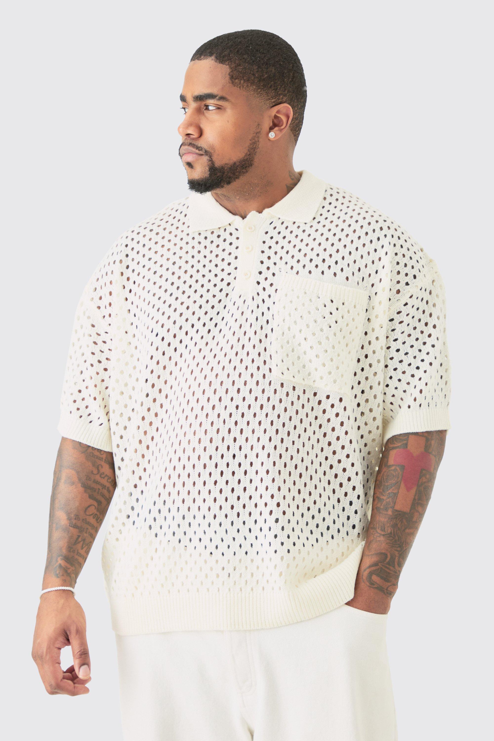 Image of Plus Boxy Fit Crochet Knitted V-neck Polo In Ecru, Cream