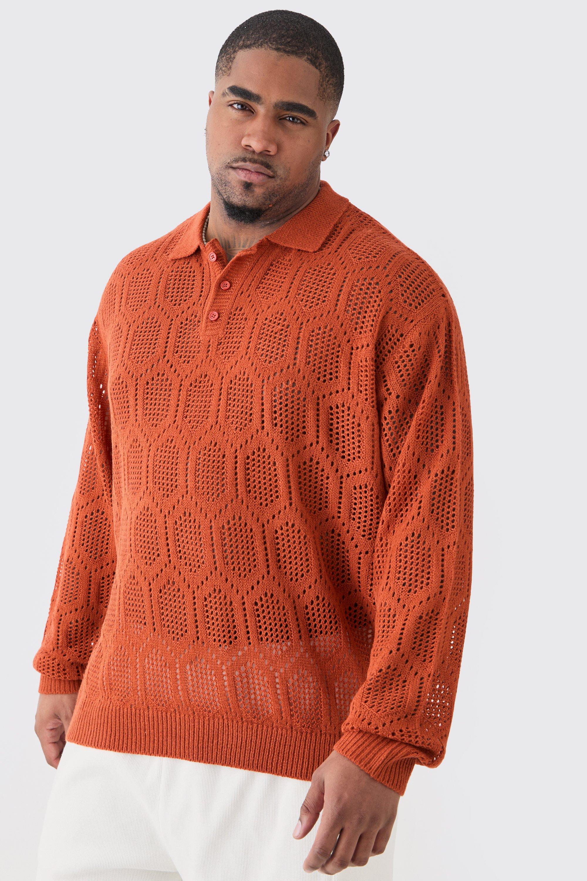 Image of Polo Plus Size oversize a maniche lunghe in maglia all'uncinetto color ruggine, Arancio