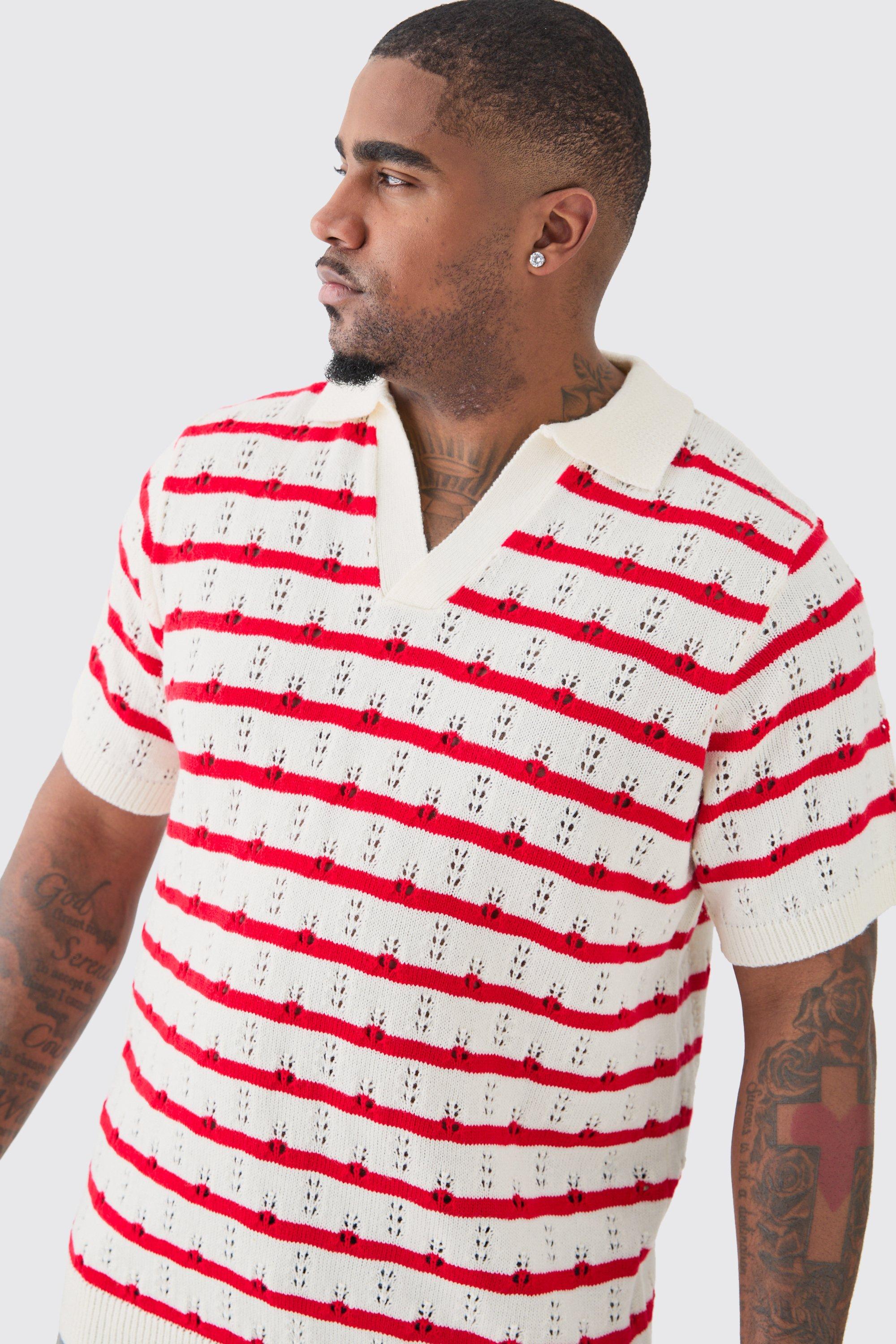 Image of Polo Plus Size a maniche corte Regular Fit in maglia all'uncinetto rossa a righe, Rosso