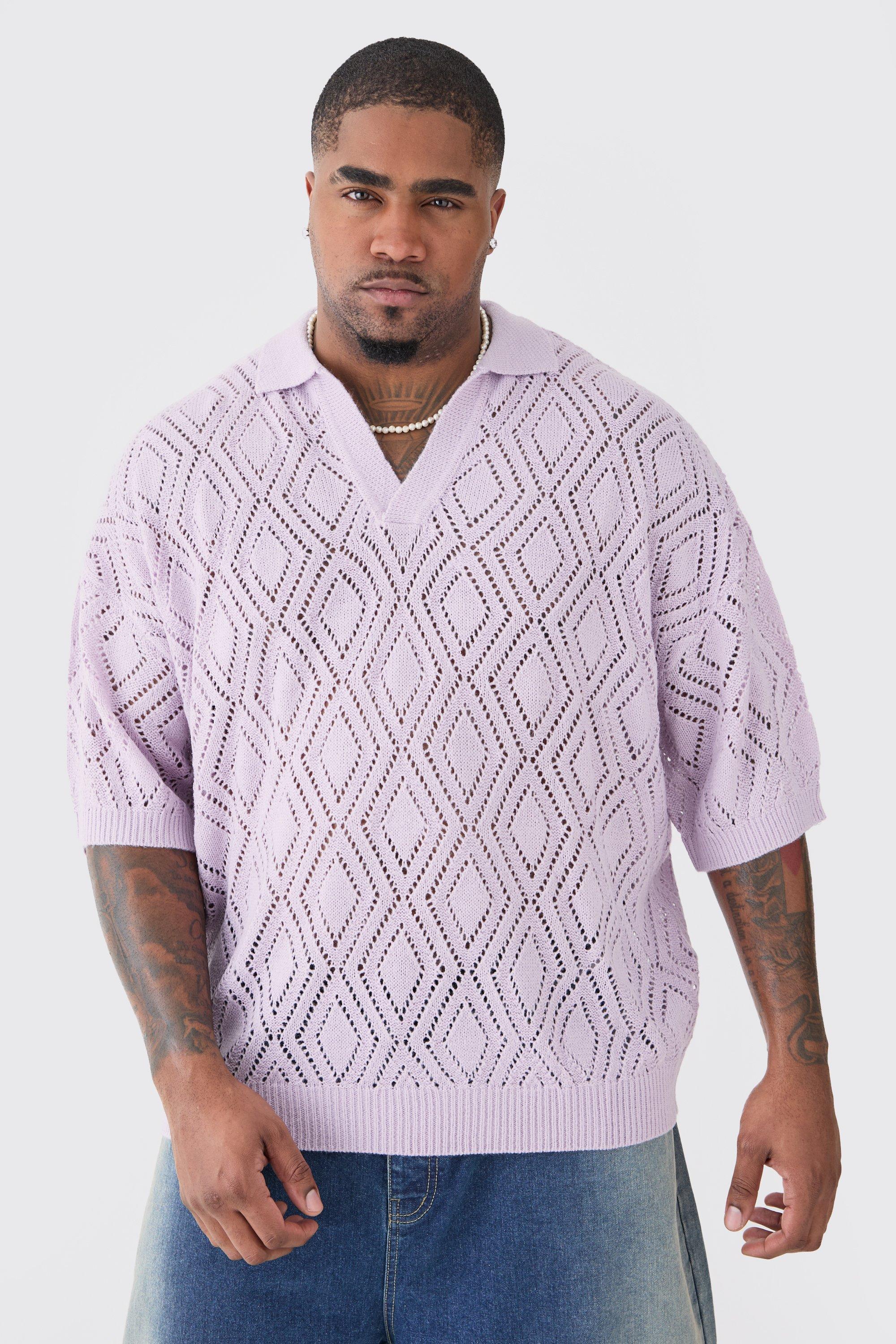 Image of Polo squadrata Plus Size a maniche corte in maglia traforata lilla con rever, Purple