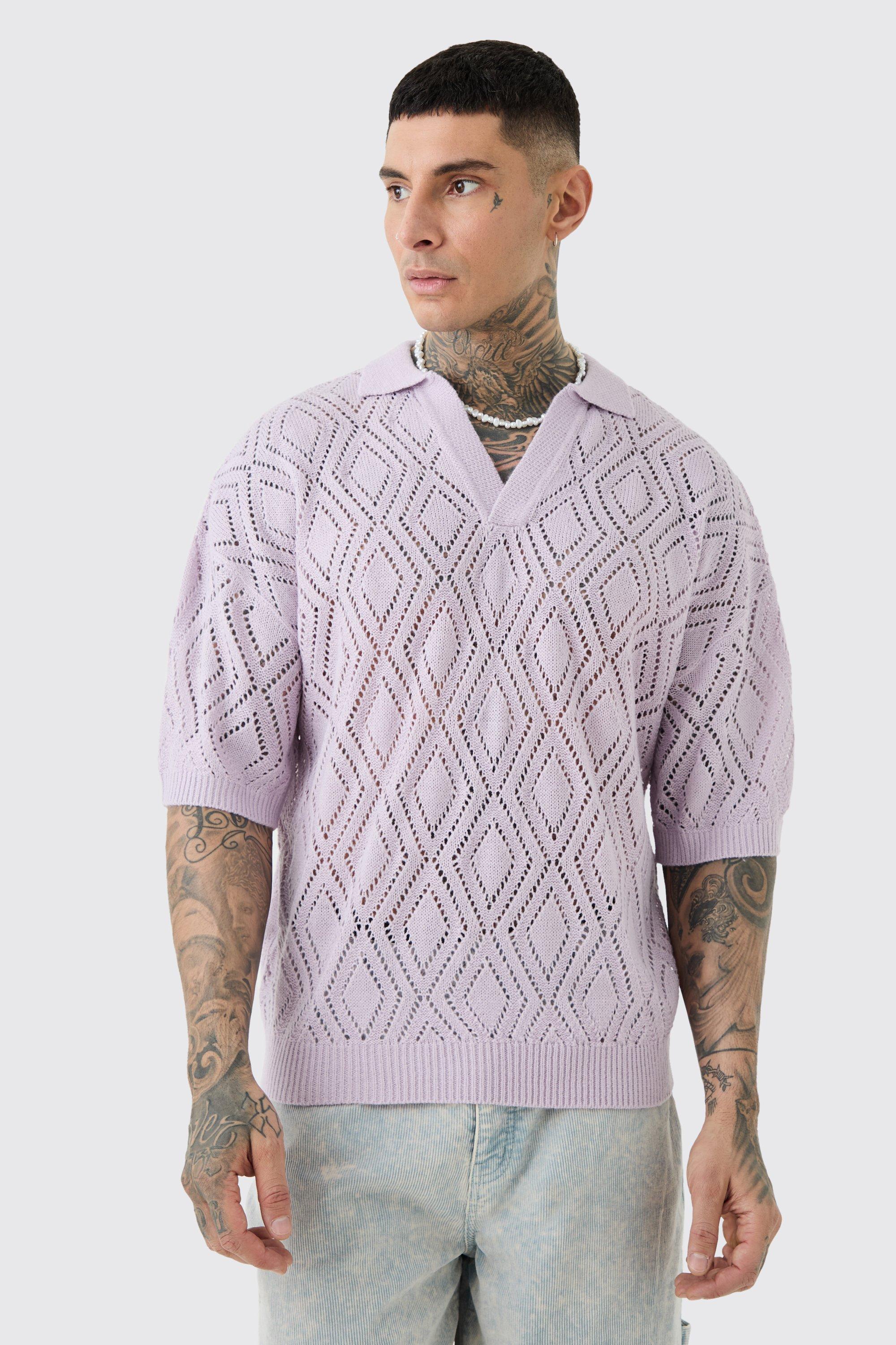 Image of Tall Short Sleeve Boxy Fit Revere Open Knit Polo In Ecru, Purple